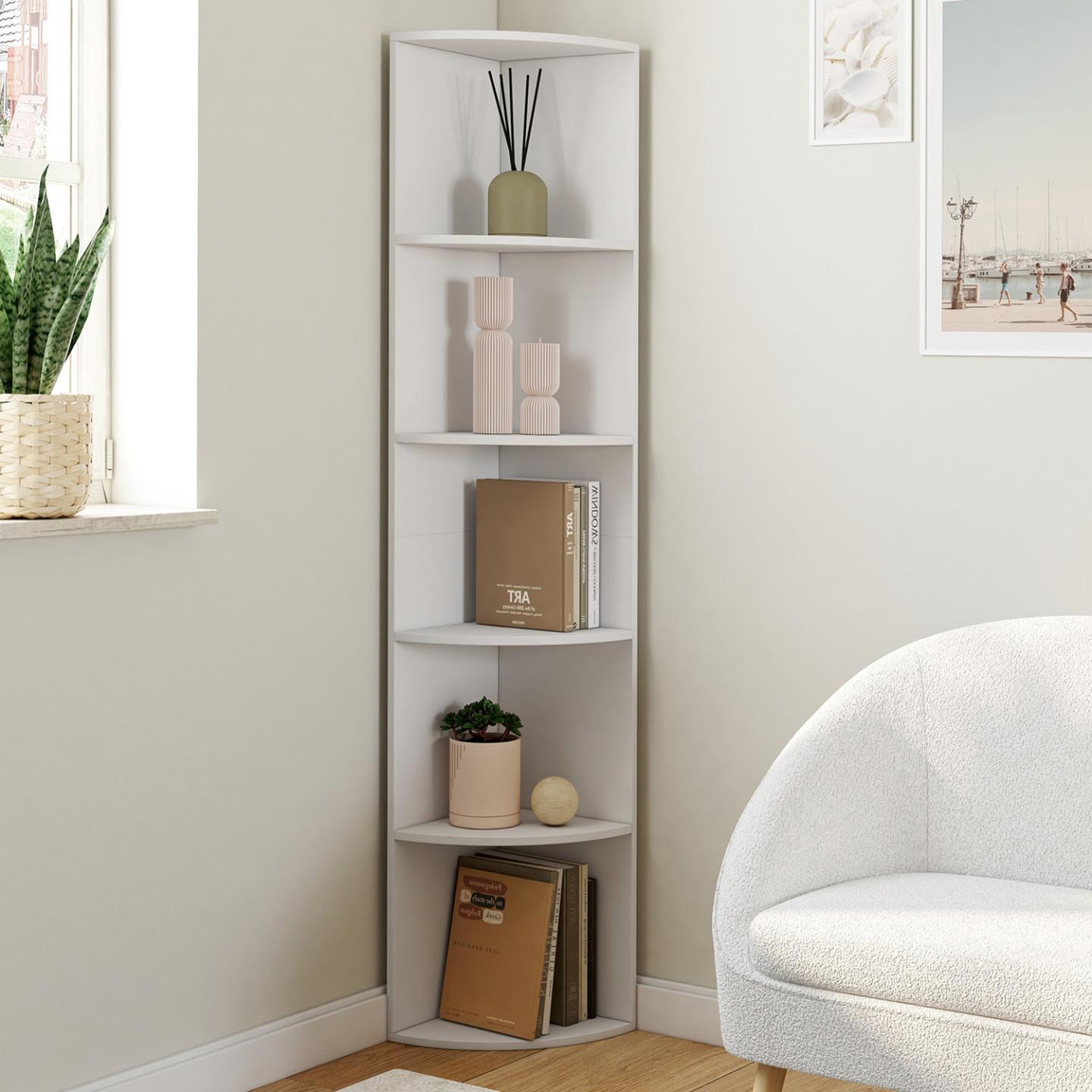 Voir la diapositive 2 : ID MARKET Etagère murale d'angle modula 5 niveaux blanche à poser ou à fixer