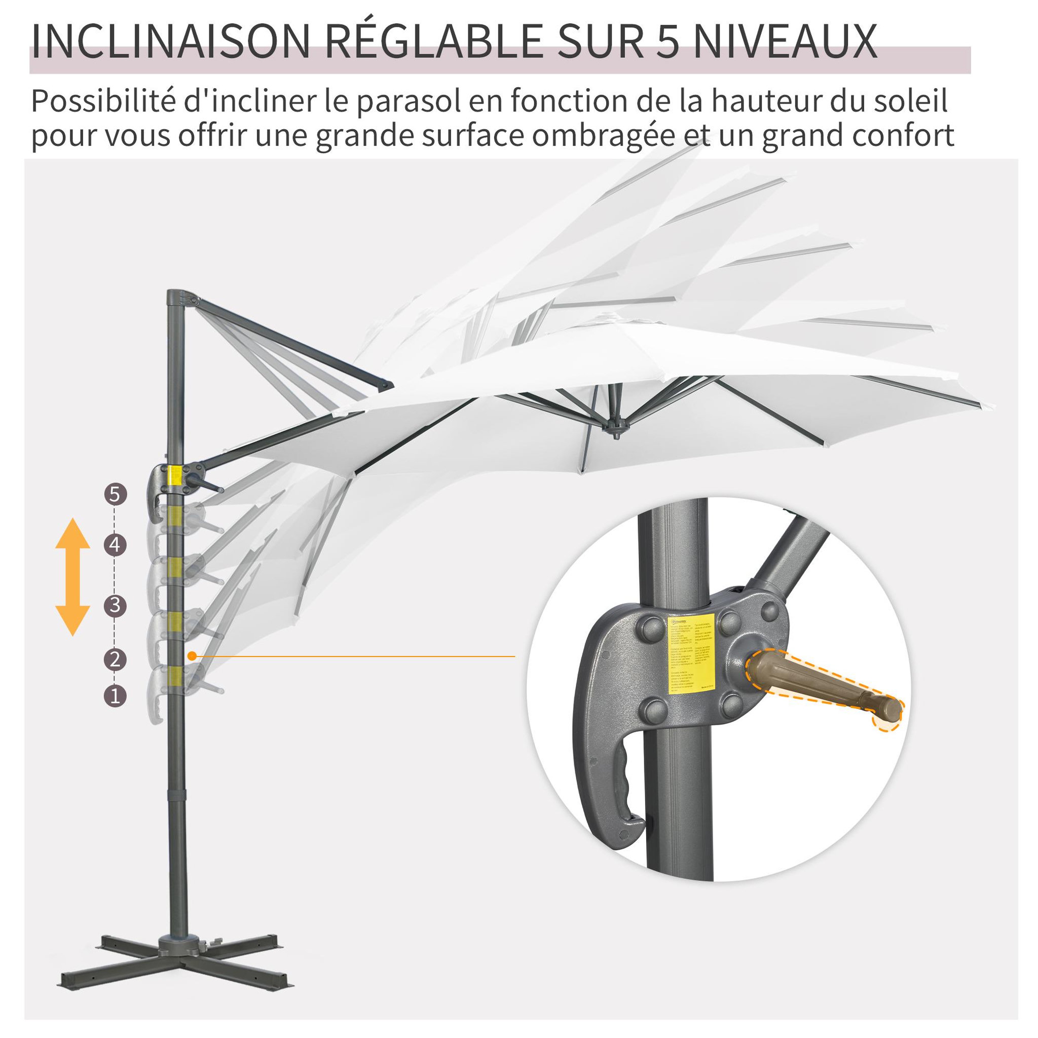 Voir la diapositive 5 : OUTSUNNY Parasol déporté octogonal inclinable manivelle avec pied en acier Ø 2,94 x 2,48H m blanc