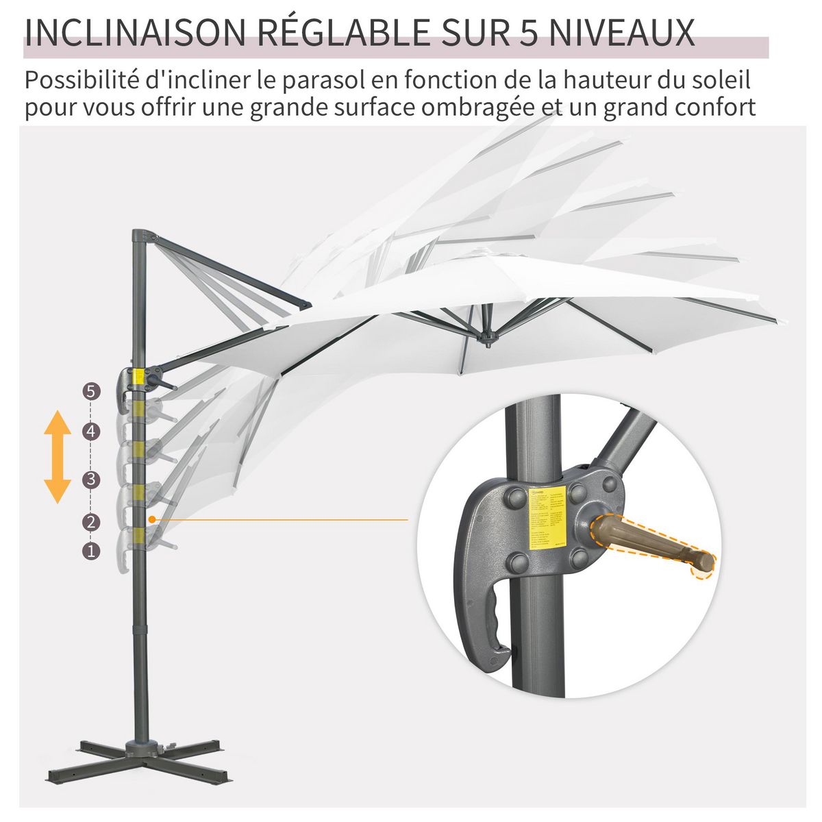 OUTSUNNY Parasol déporté octogonal inclinable manivelle avec pied en acier Ø 2,94 x 2,48H m blanc