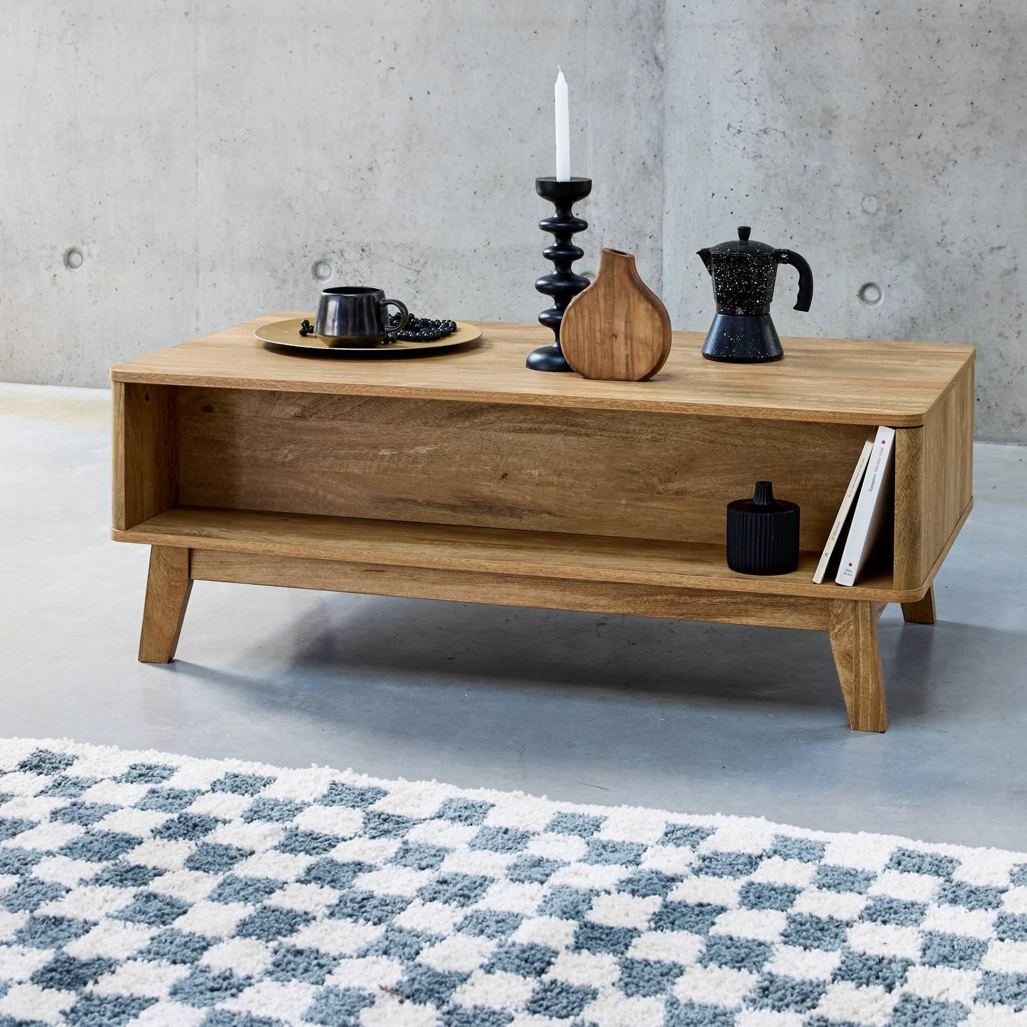 Voir la diapositive 4 : SWEEEK Table basse avec 2 niches. 1 porte coulissante. effet bois et cannage. pieds eucalyptus