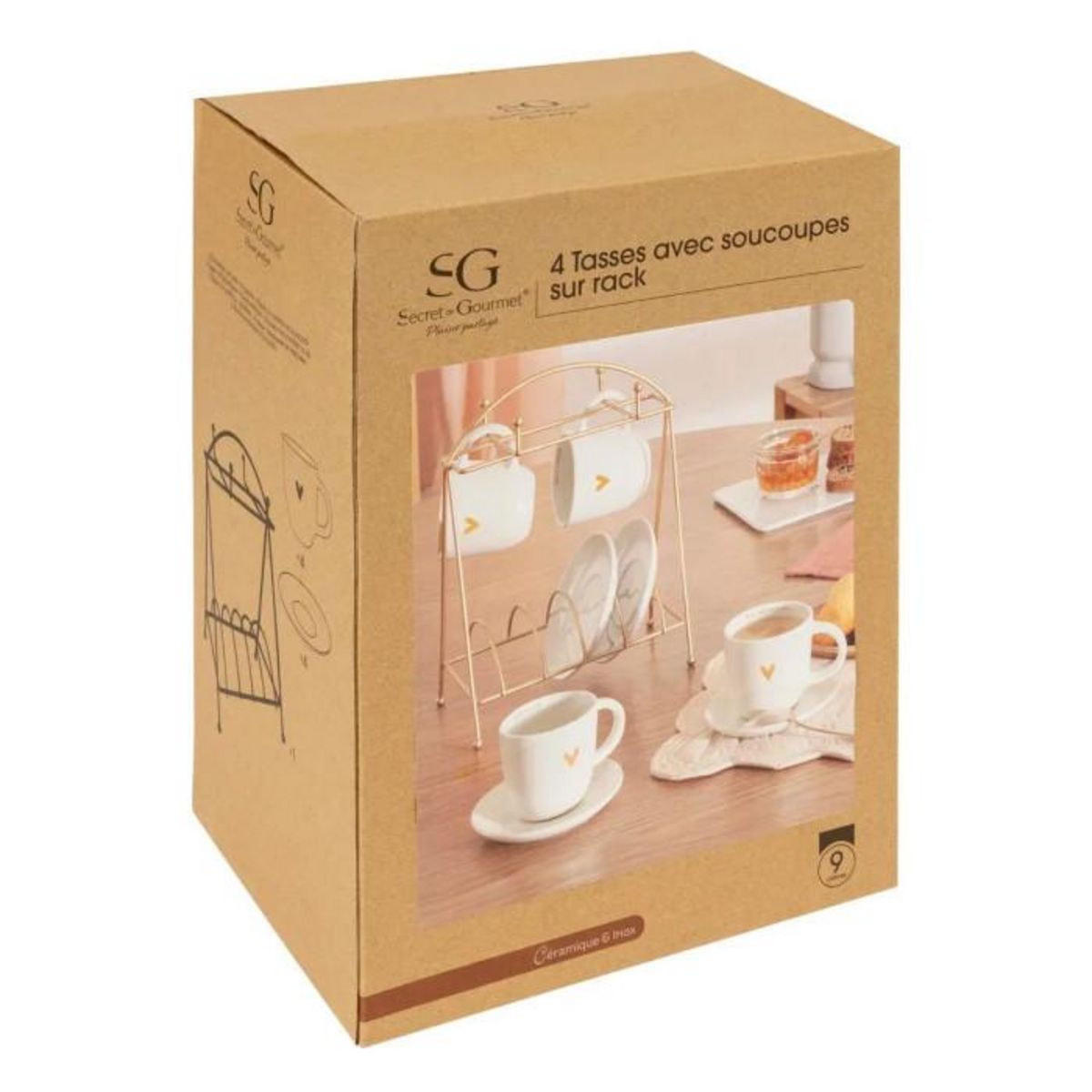 SECRET DE GOURMET Lot de 4 Tasses & Soucoupes sur Rack  The Floral  26cm Blanc