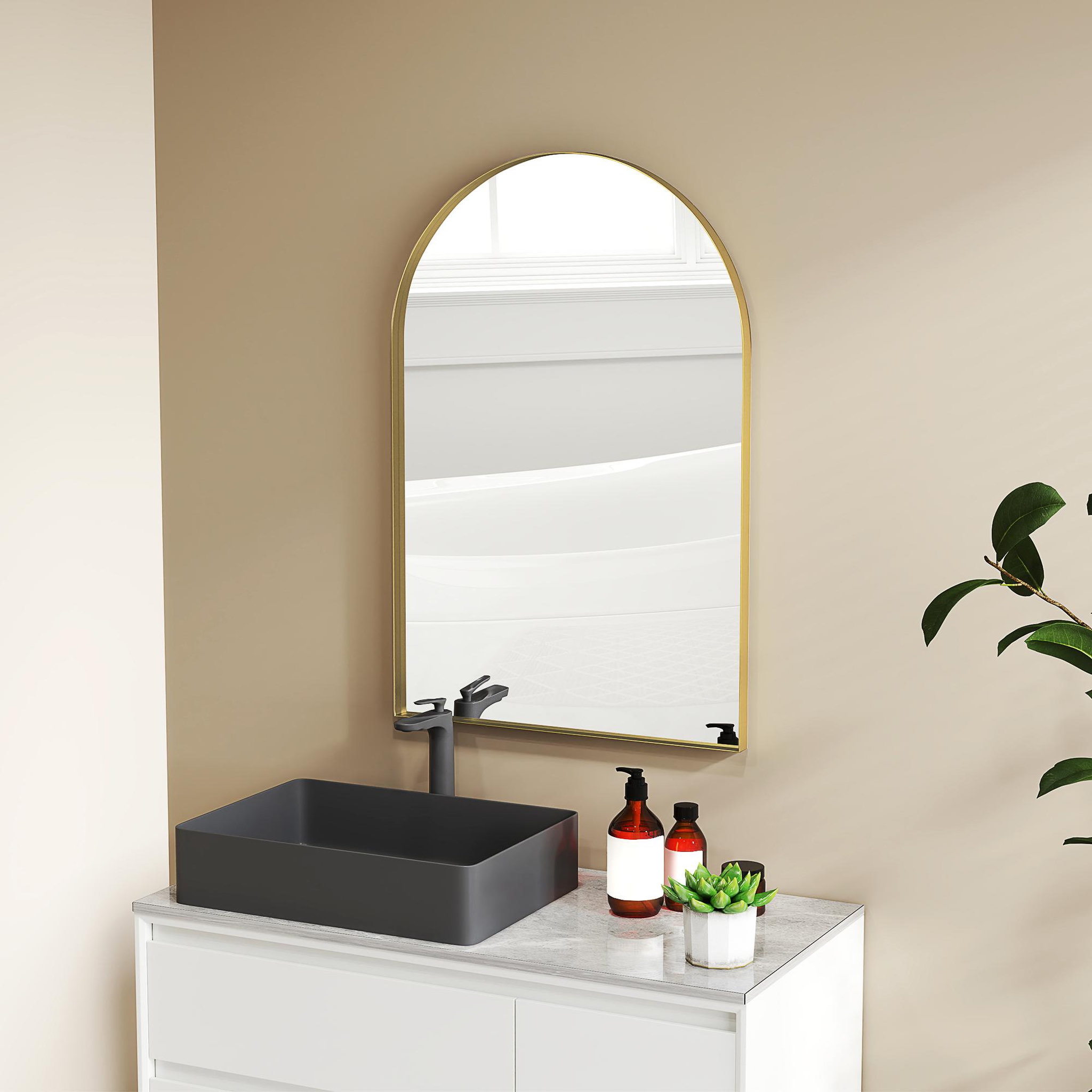 Voir la diapositive 4 : HOMCOM Miroir mural arqué 60 x 90 cm haute définition cadre alliage aluminium doré