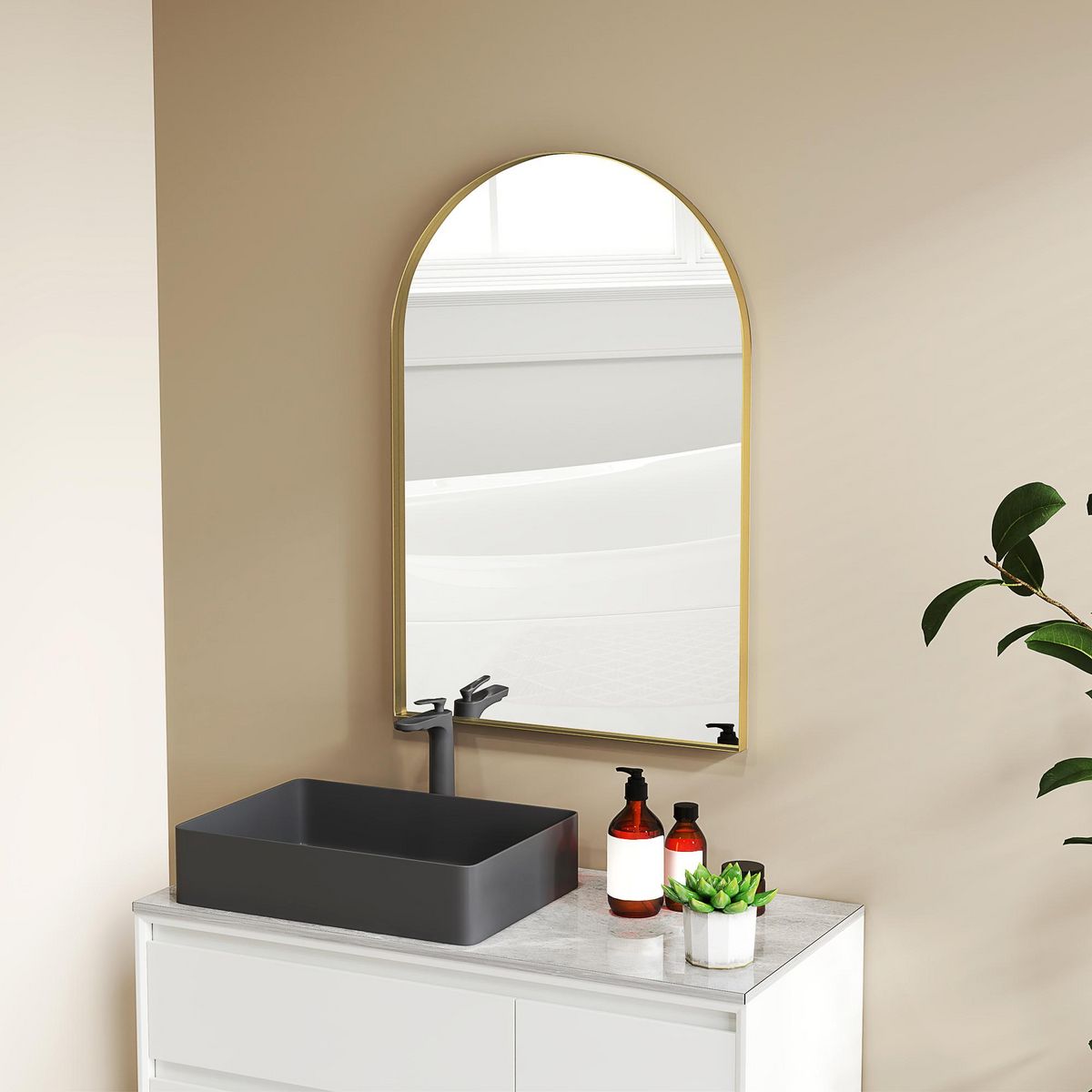 HOMCOM Miroir mural arqué 60 x 90 cm haute définition cadre alliage aluminium doré