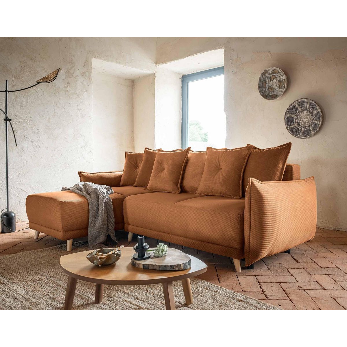 BEST MOBILIER Lena - canapé d'angle réversible 4 places - convertible avec coffre - en velours côtelé