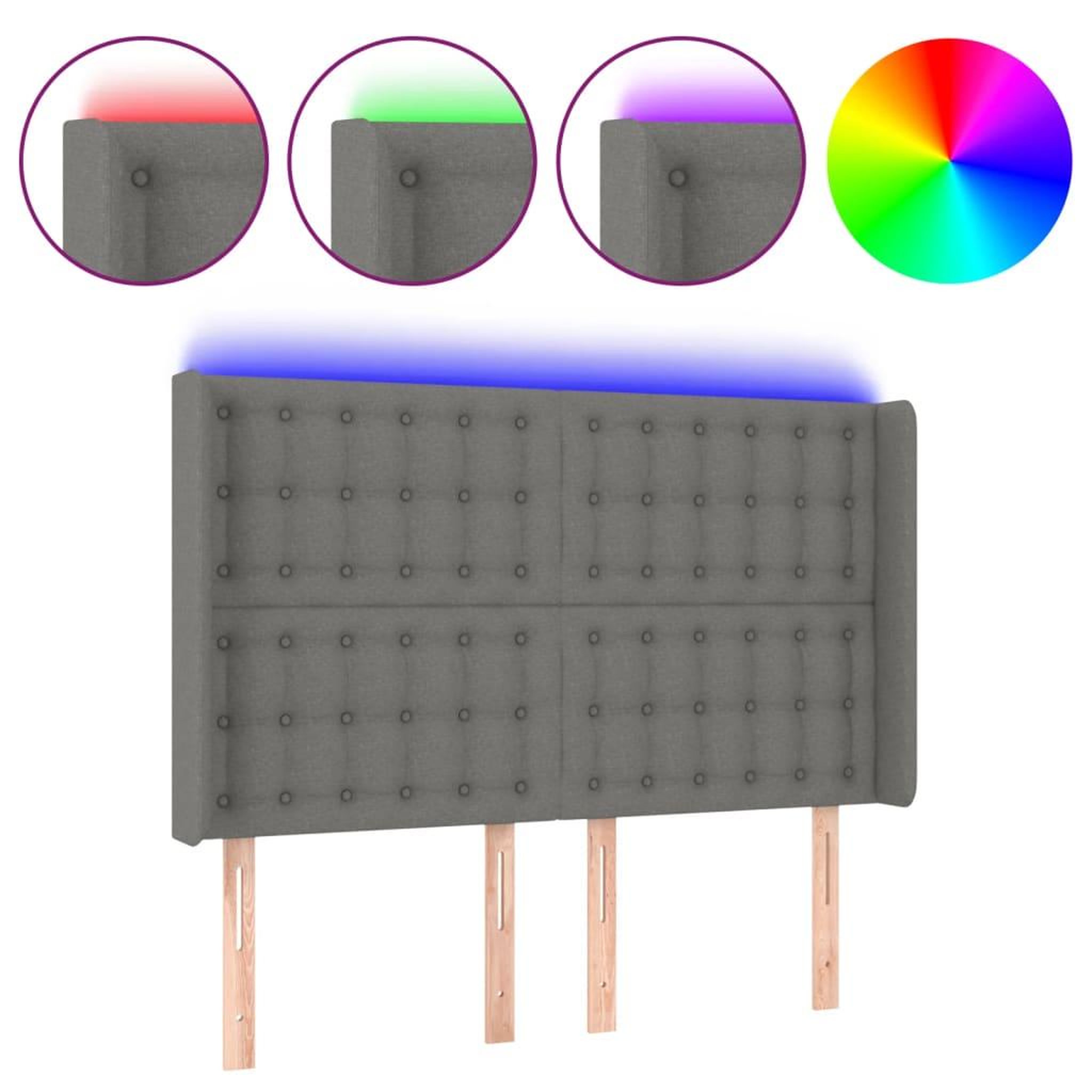 Voir la diapositive 2 : VIDAXL Tete de lit a LED Gris fonce 147x16x118/128 cm Tissu