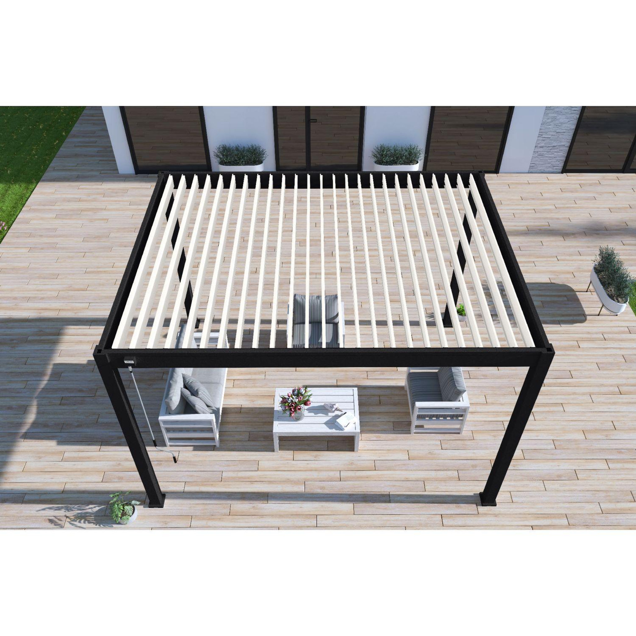 Voir la diapositive 7 : Pergola Bioclimatique autoportée  3X4 m - Aluminium - Noir charbon/blanc - VS OmBREA®