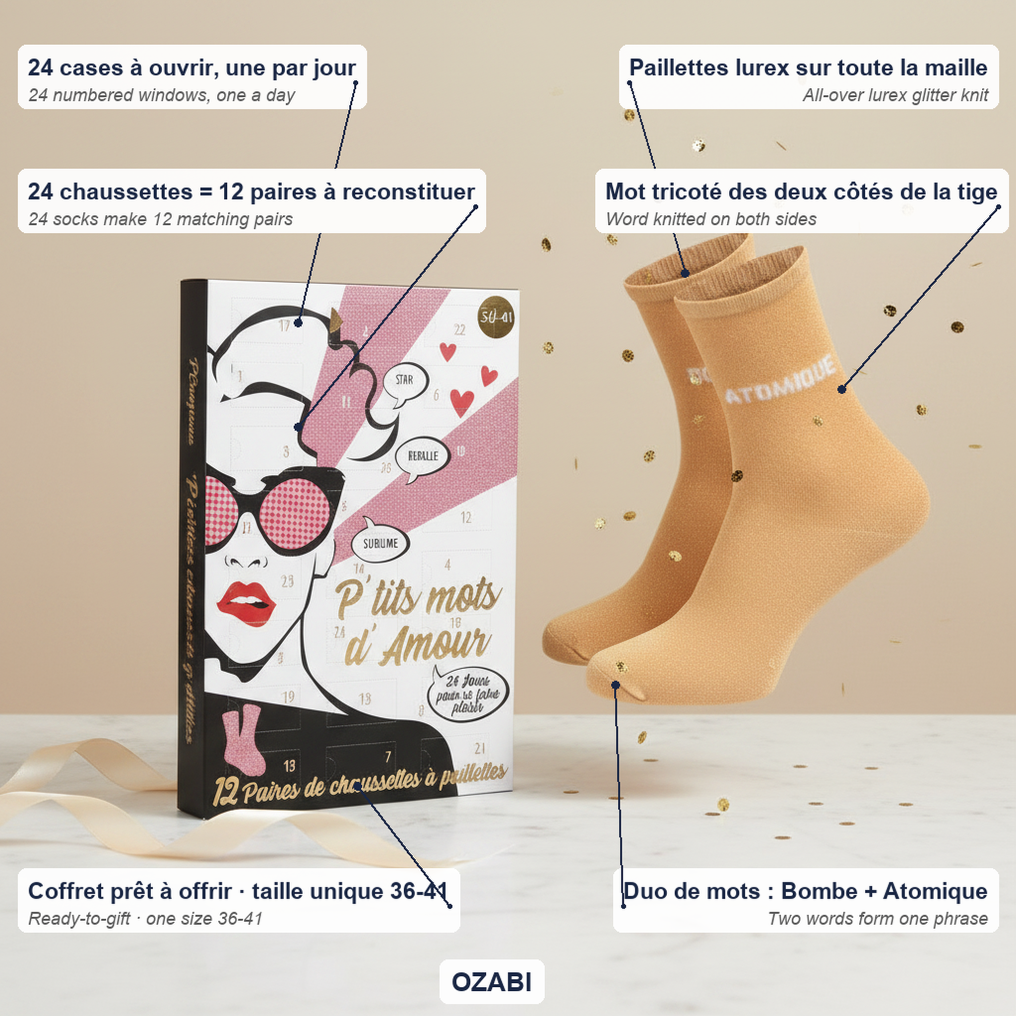 Voir la diapositive 6 : OZABI Ozabi chaussettes à paillettes calendrier de l'avent- coffret cadeau 12 paires