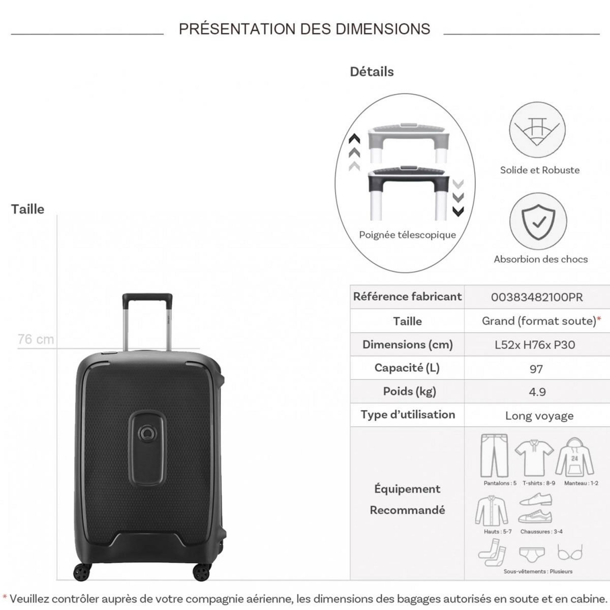 Delsey Grande valise rigide Montcenis TSA polypropylène 76cm