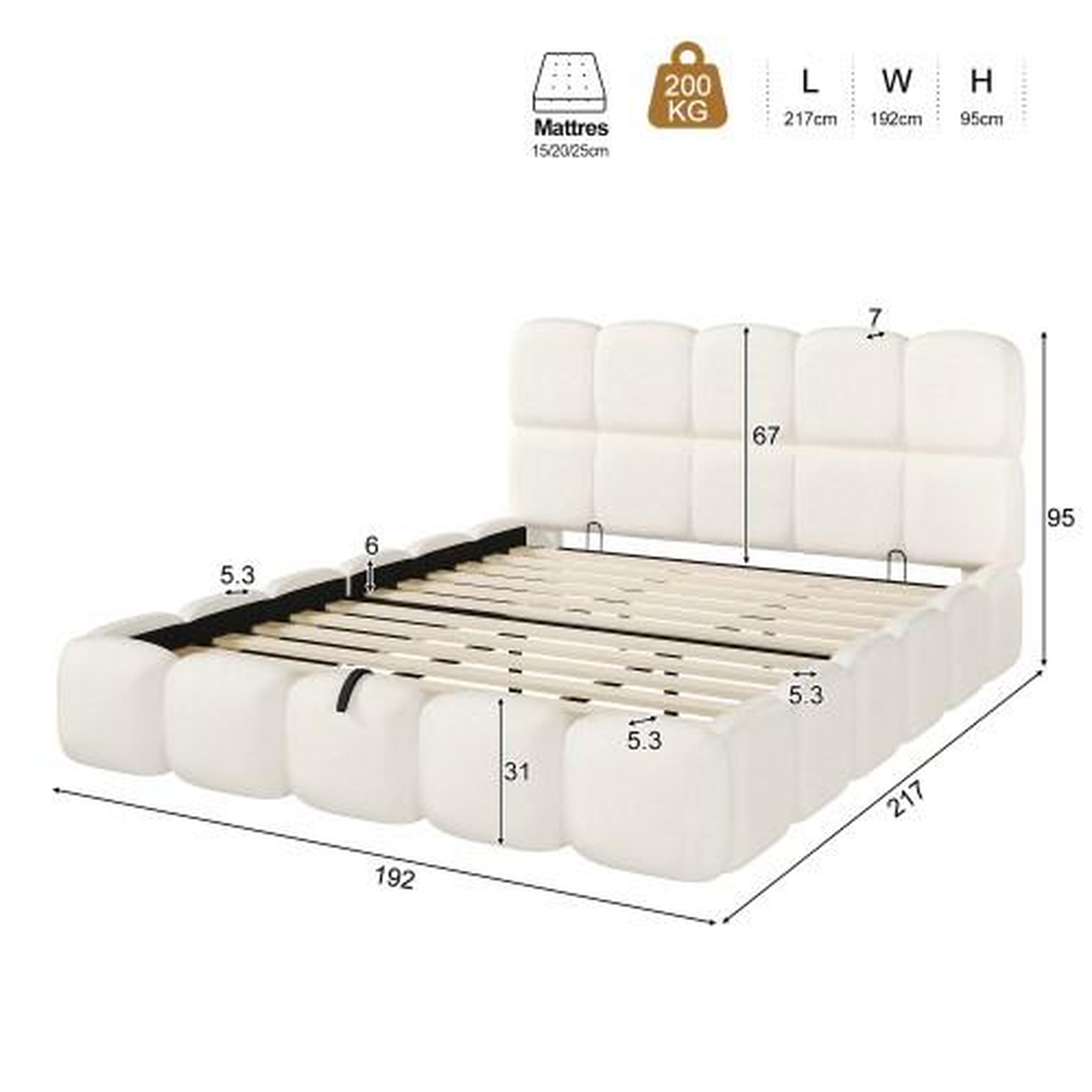 Voir la diapositive 3 : MERAX Lit coffre adulte avec rangement hydraulique, tête de lit rembourrée tissu bouclé blanc