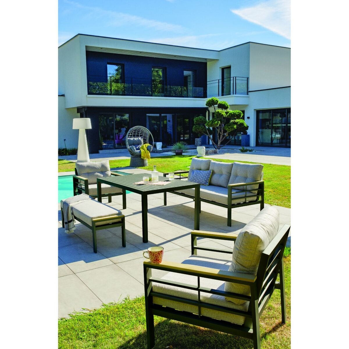 DCB GARDEN Salon de jardin 7 personnes en aluminium noir CAYENNE