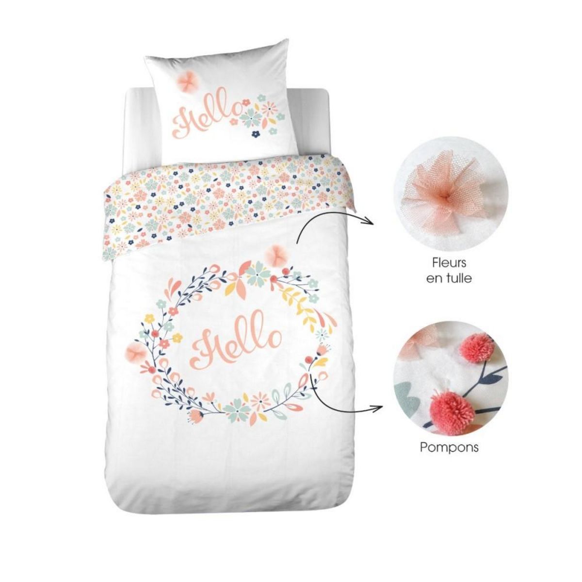 COTE DECO Housse de couette 140x200 réversible + 1 taie en coton adouci