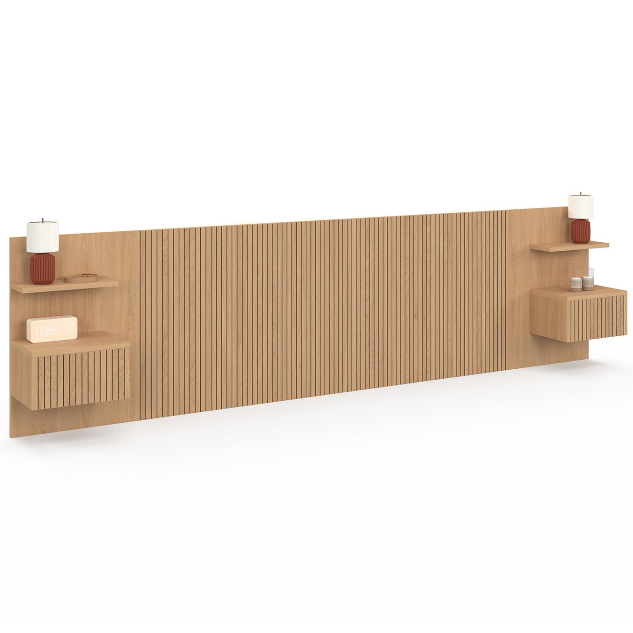 ID MARKET Tête de lit suspendue JULIETTE 240 cm avec chevets + tiroir effet lattes tasseau bois