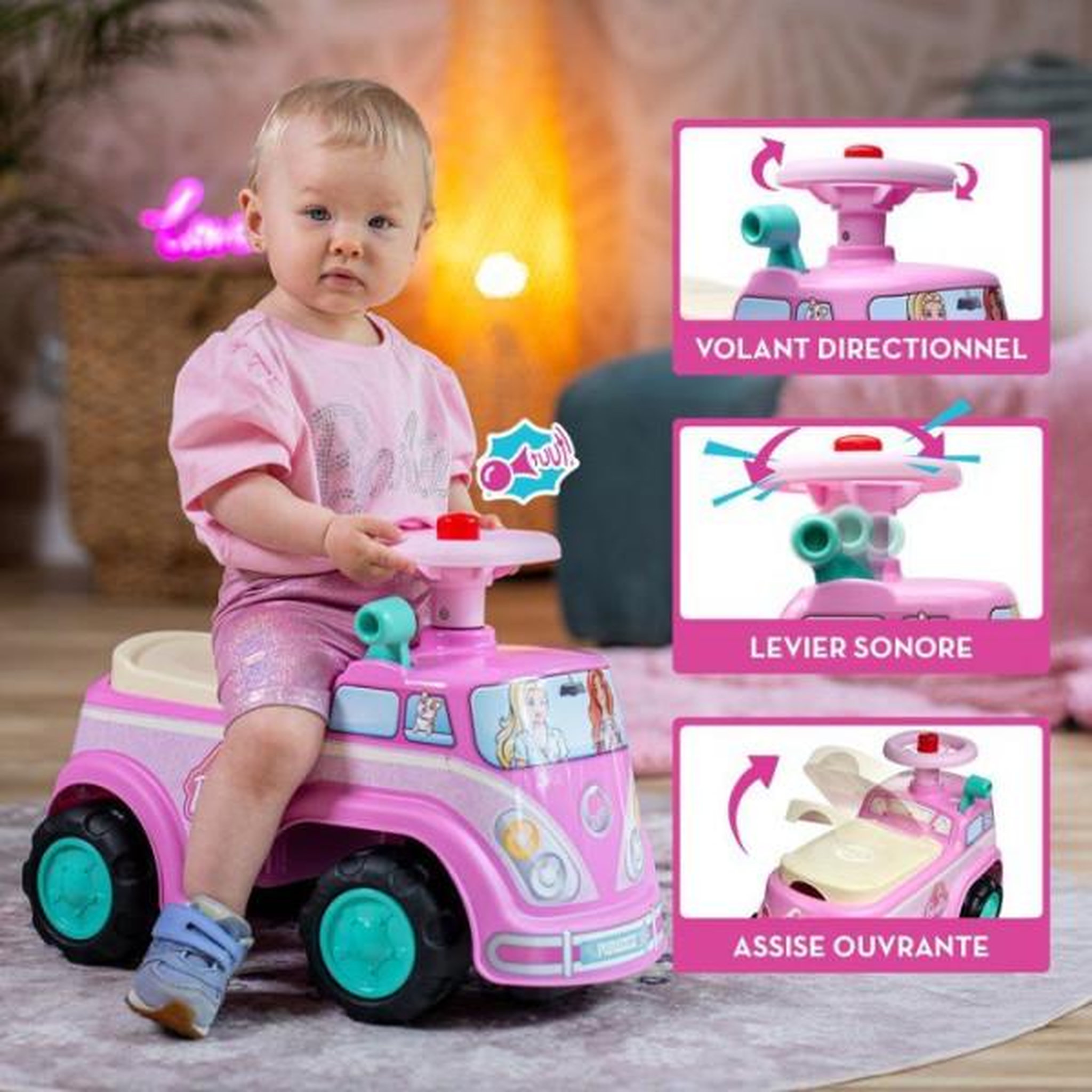 Voir la diapositive 3 : FALK Porteur trotteur  - falk - van rétro barbie - assise ouvrante - volant avec klaxon - plaque personnalisable - des 12 mois