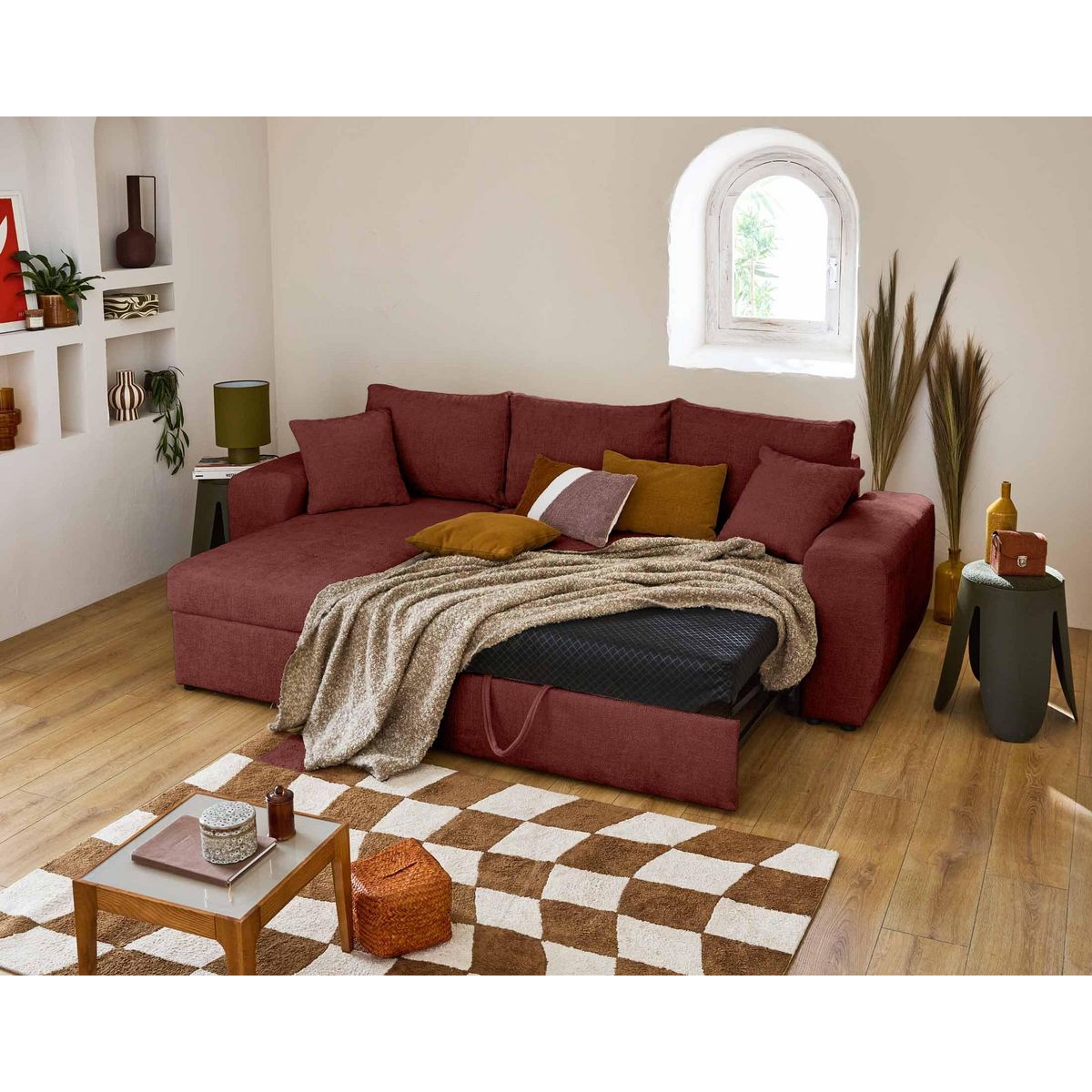 BEST MOBILIER Milan - canapé d'angle réversible 4 places - convertible avec coffre - en velours texturé