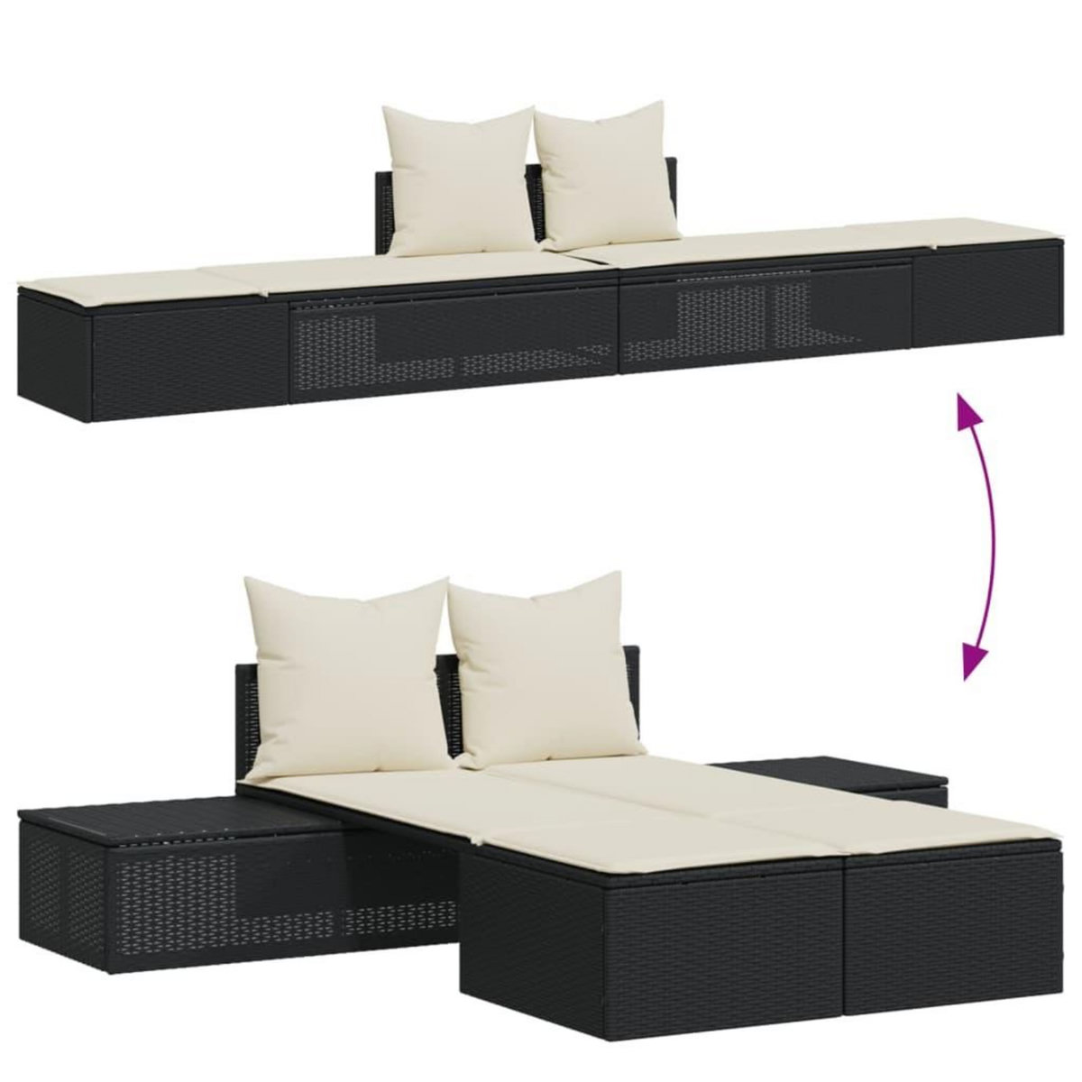 VIDAXL Chaise longue double avec coussins noir resine tressee