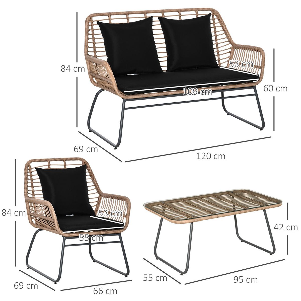 OUTSUNNY Salon de jardin 4 places 4 pièces style exotique métal époxy résine imitation bambou coussins grand confort inclus polyester noir