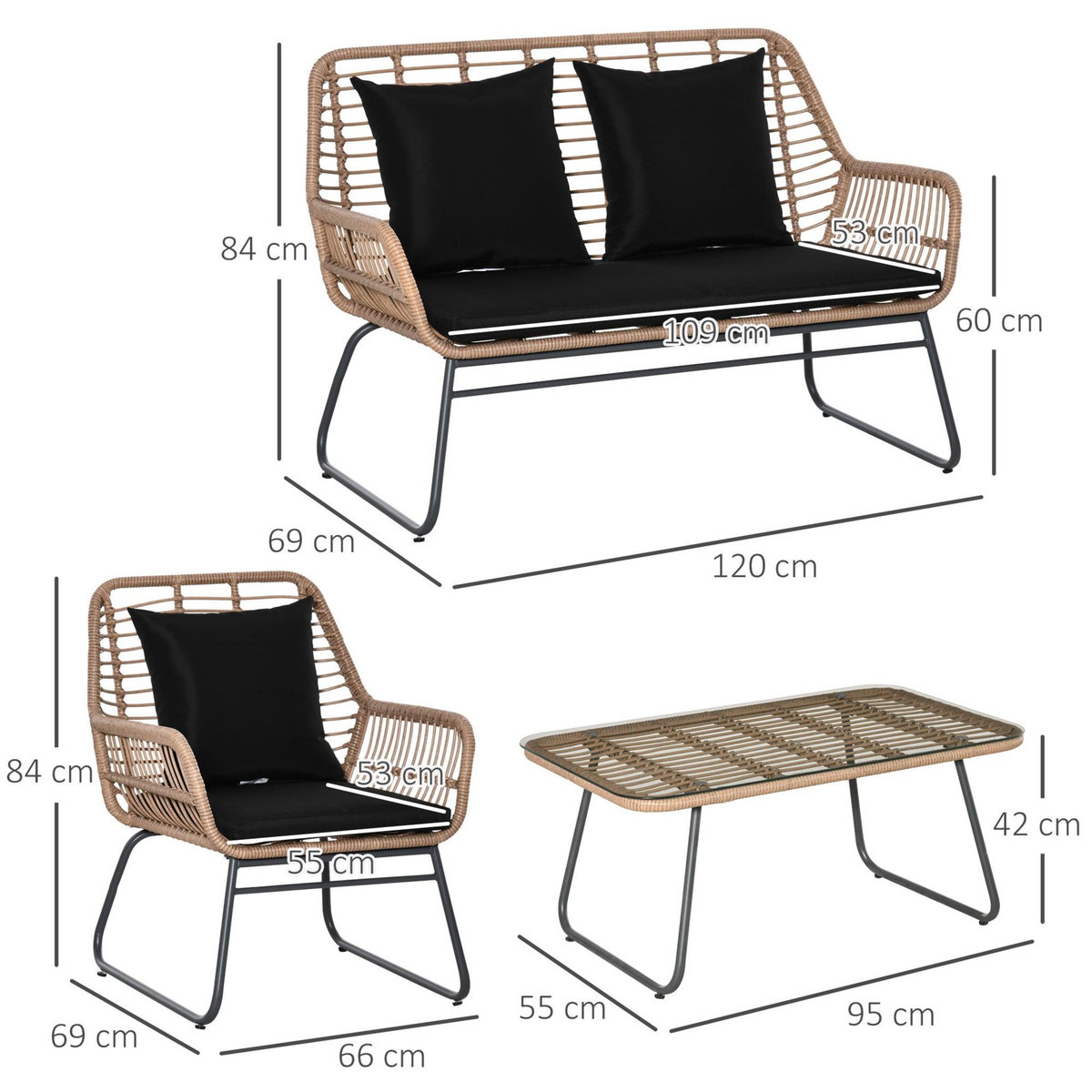 OUTSUNNY Salon de jardin 4 places 4 pièces style exotique métal époxy résine imitation bambou coussins grand confort inclus polyester noir