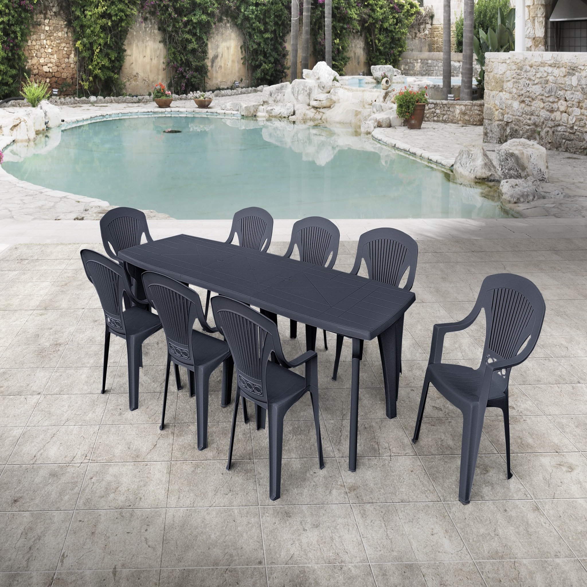 Voir la diapositive 1 : ARETA Salon de jardin - 8 places - Résine - Anthracite - LIPARI 2