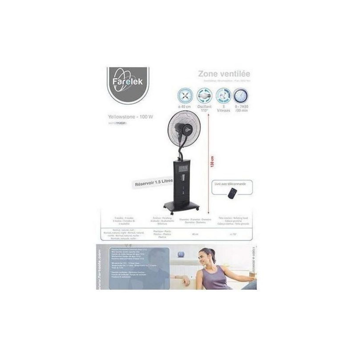 Farelek YELLOWSTONE - Ventilateur brumisateur sur pied Ø40cm 100W noir