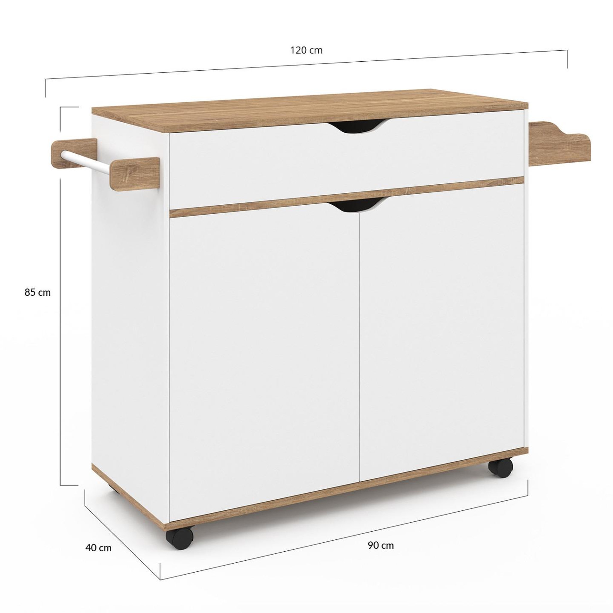 Voir la diapositive 5 : ID MARKET Desserte de cuisine cosy xxl placard avec tiroir blanc et plateaux façon hêtre l.90 cm