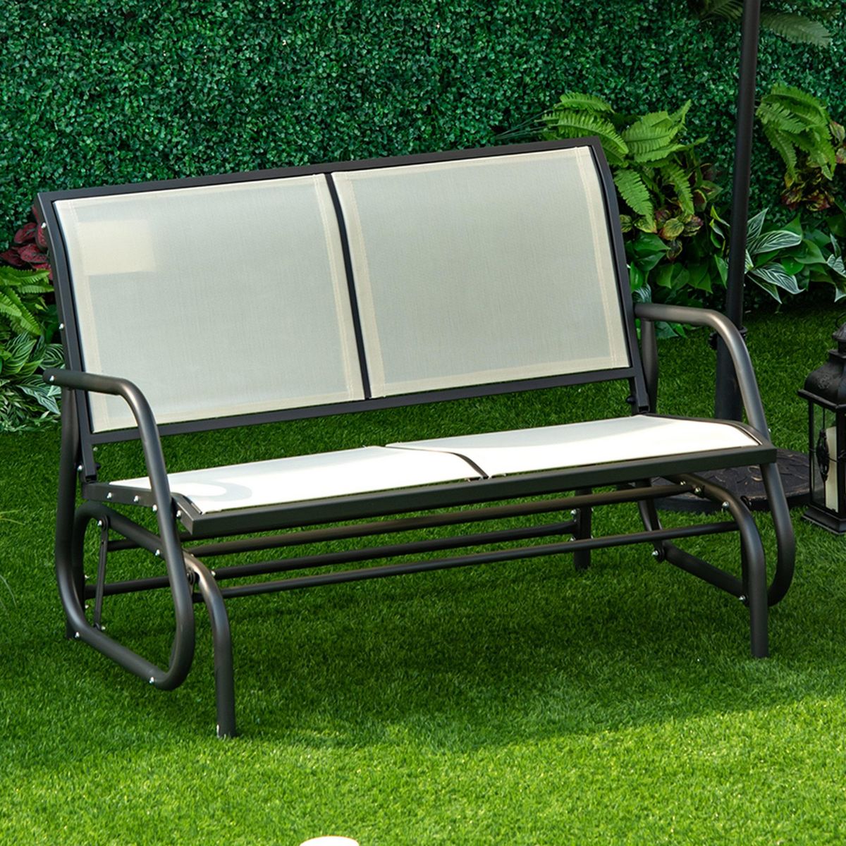 OUTSUNNY Banc à bascule de jardin 2 places design contemporain grand confort accoudoirs assise et dossier ergonomique acier textilène beige