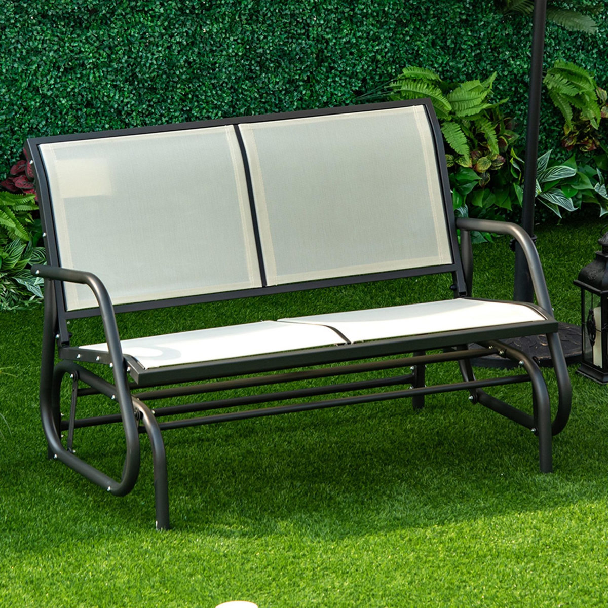OUTSUNNY Banc à bascule de jardin 2 places design contemporain grand confort accoudoirs assise et dossier ergonomique acier textilène beige