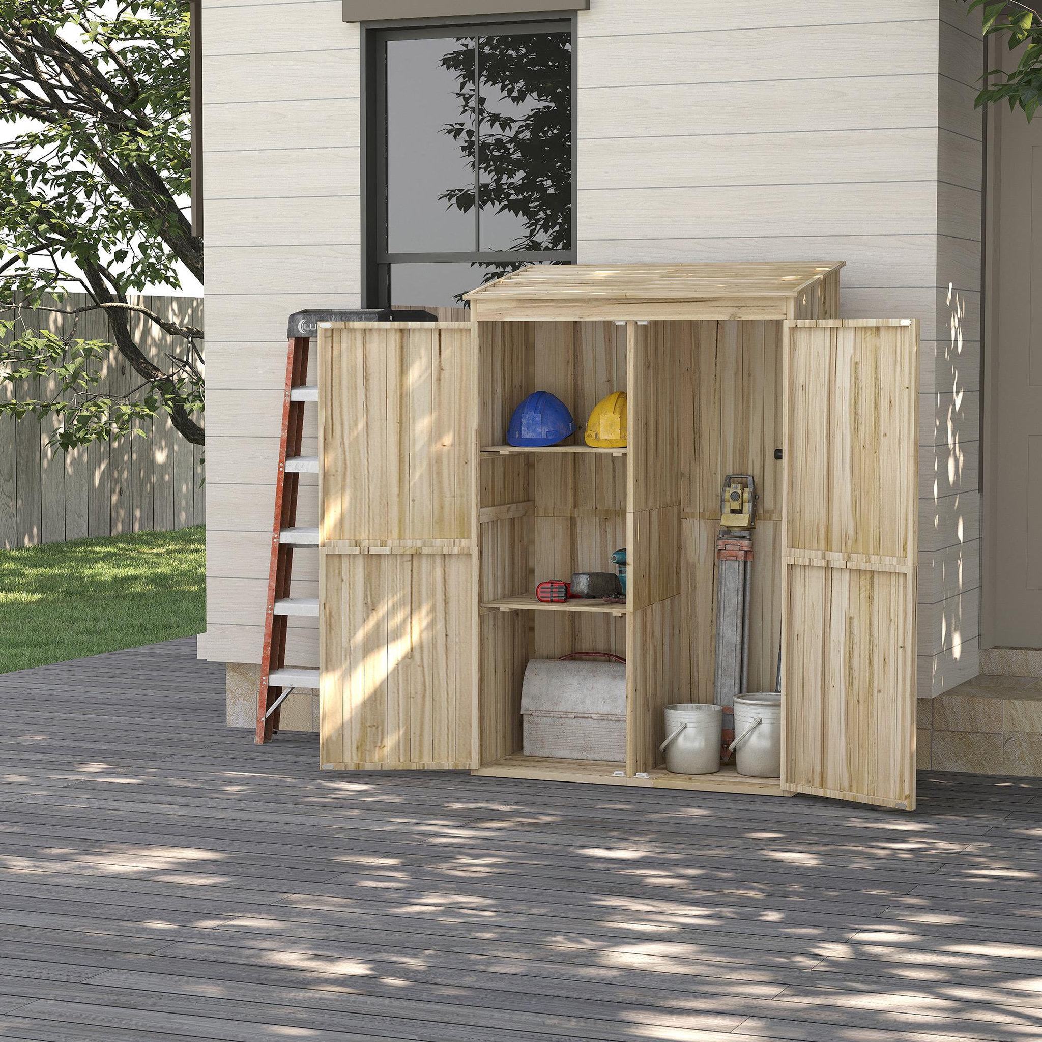 Voir la diapositive 2 : OUTSUNNY Armoire de jardin 2 portes bois - 2 étagères, grand compartiment - 120 x 57 x 183 cm - sapin pré-huilé