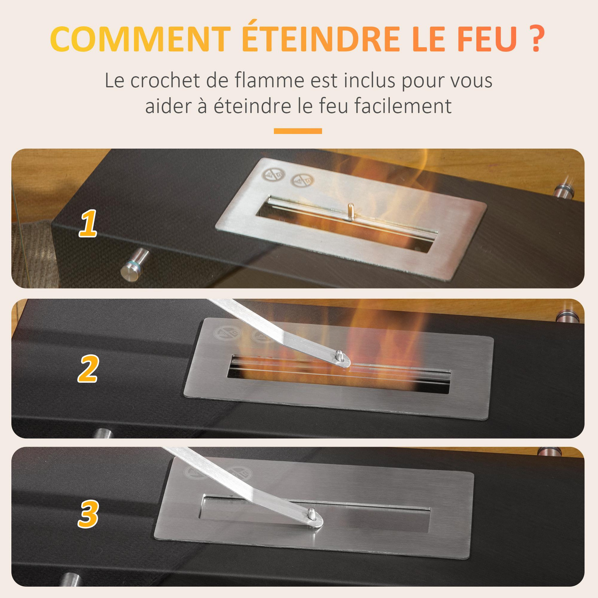 Voir la diapositive 5 : HOMCOM Cheminée à poser bioéthanol en métal et verre trempé avec réservoir 1,5 l couverture 25 m²  - dim. 60l x 26l x 50h cm