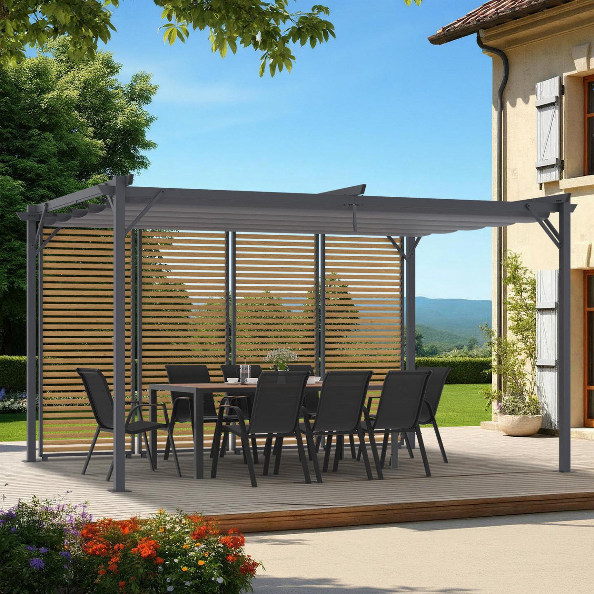 Voir la diapositive 2 : ID MARKET Pergola édition collector persiennes horizontales effet bois et toit rétractable 3x4m 4 pans modulables gris anthracite