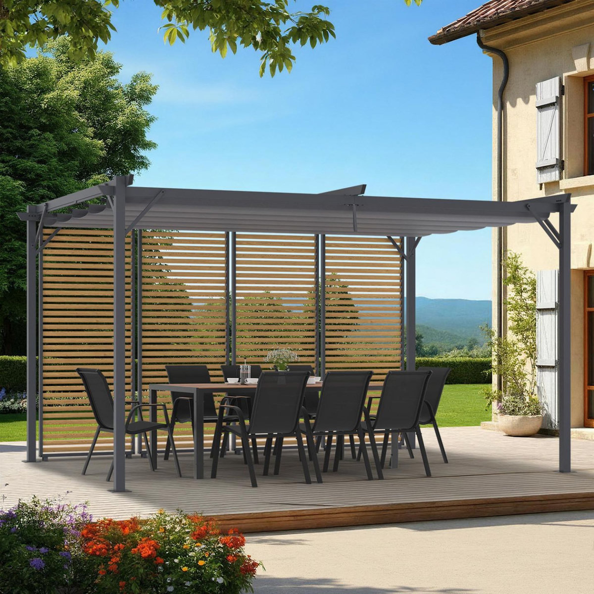 ID MARKET Pergola édition collector persiennes horizontales effet bois et toit rétractable 3x4M 4 pans modulables gris anthracite