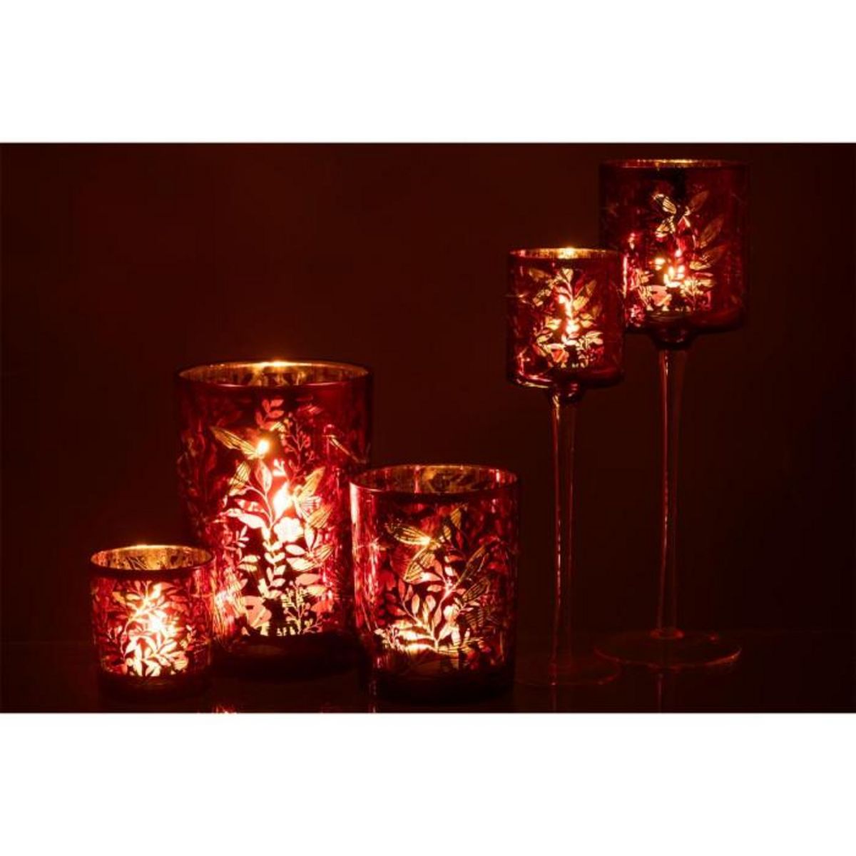 Paris Prix Photophore Déco en Verre  Feuilles  18cm Rouge