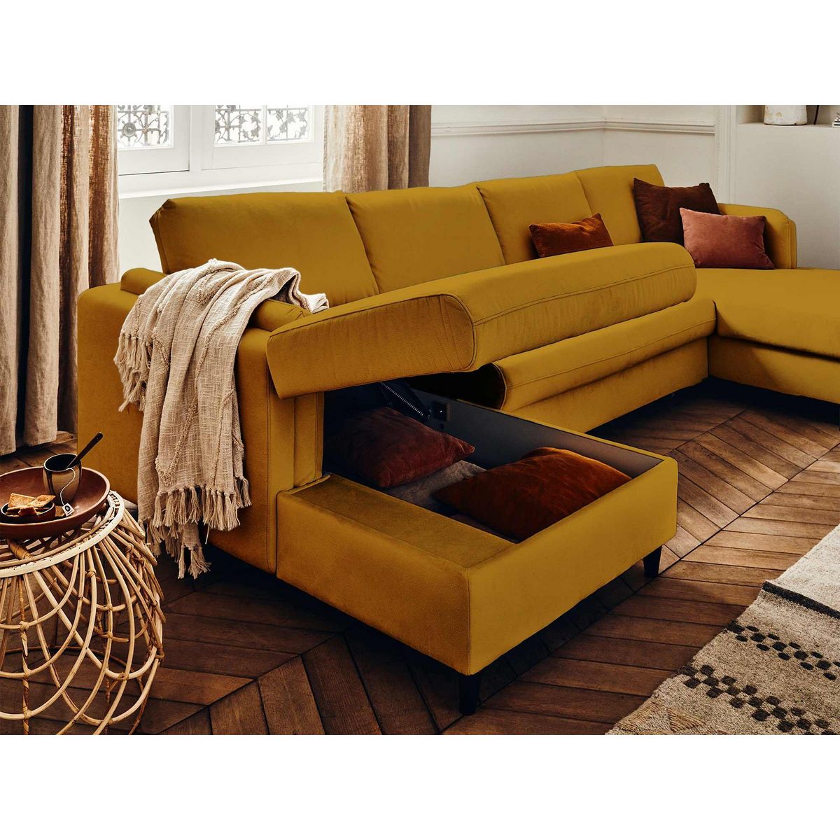 LISA DESIGN Brooke - canapé panoramique en u - 7 places - convertible avec coffre - en velours