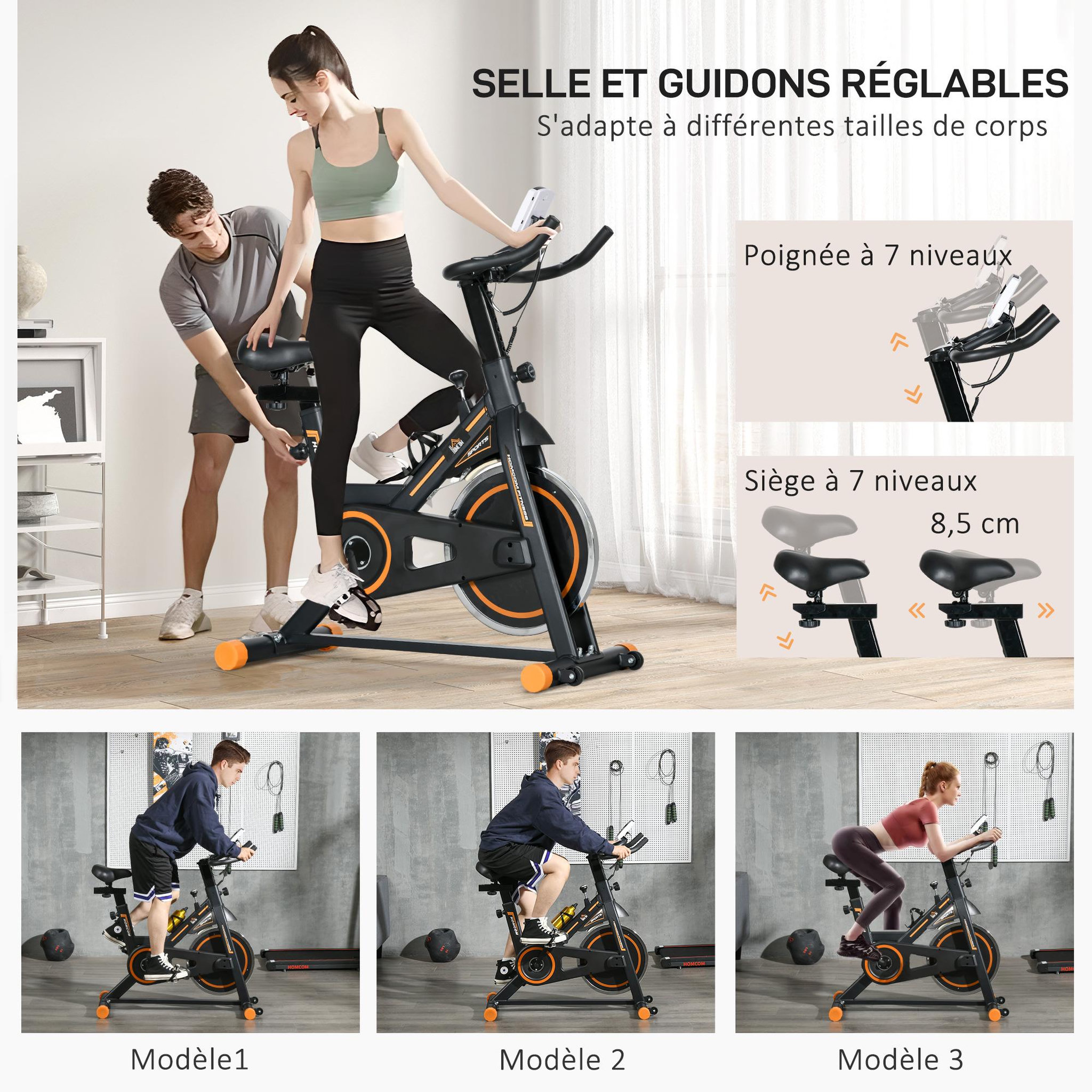 Voir la diapositive 4 : HOMCOM Vélo d'appartement réglable - vélo biking cardio - volant d'inertie 8 Kg, écran LCD, support Ipad, gourde - acier orange noir