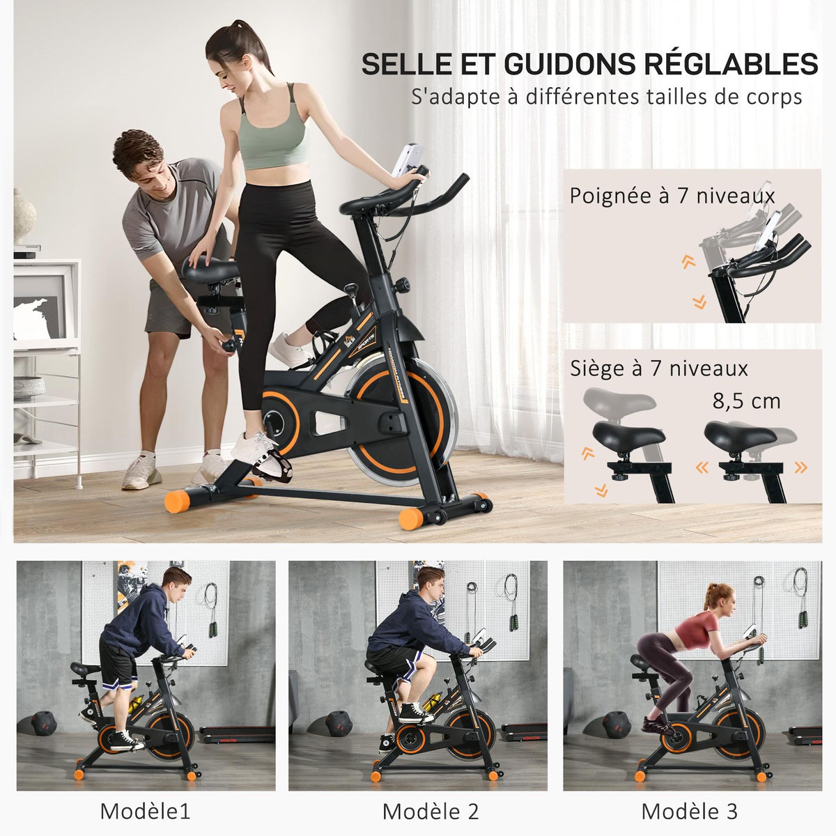 HOMCOM Vélo d'appartement réglable - vélo biking cardio - volant d'inertie 8 Kg, écran LCD, support Ipad, gourde - acier orange noir