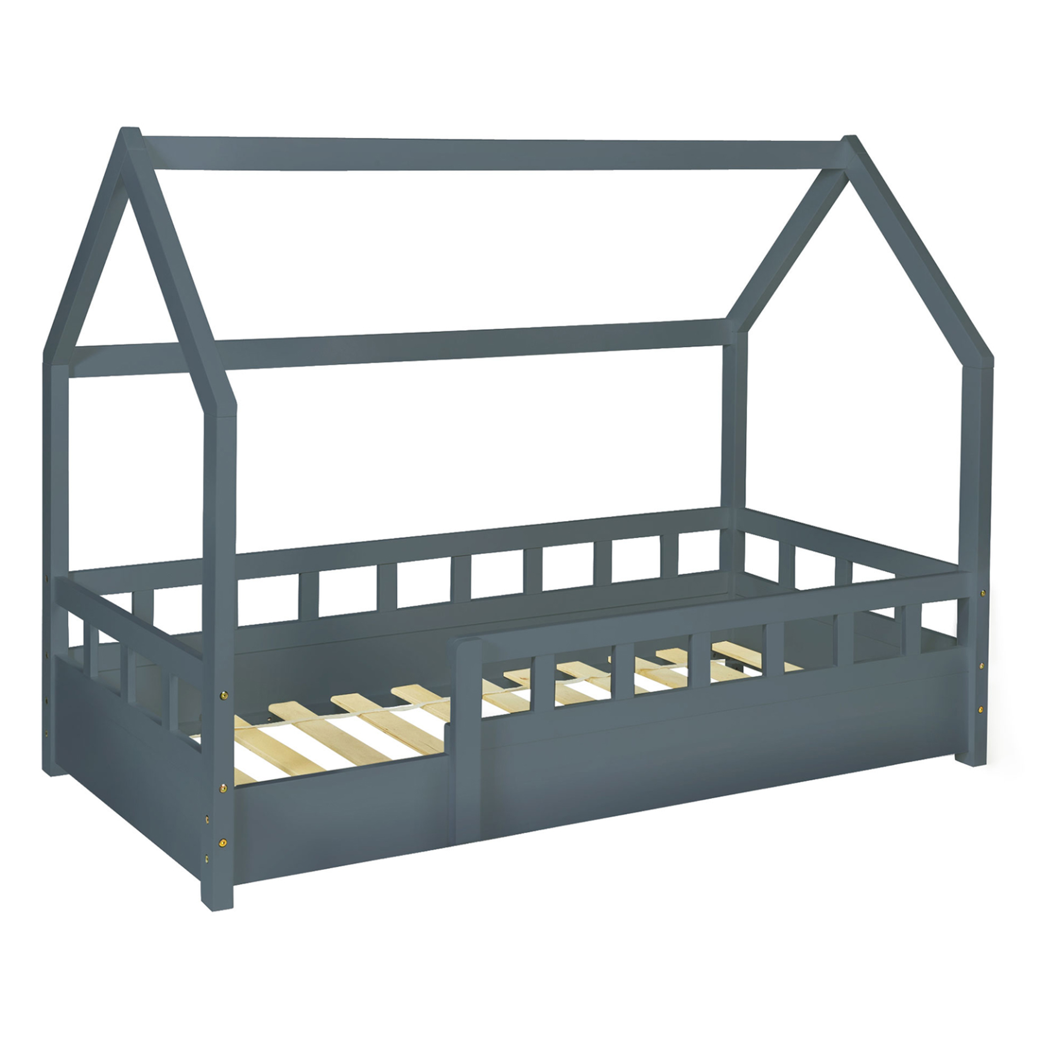 ID MARKET Lit cabane enfant 80 x 160 cm neree gris avec sommier et barrières