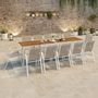 Voir la diapositive 2 : ID MARKET Salon de jardin NOUMEA extensible table 135/270 cm plateau verre trempé effet bois et 12 chaises empilables blanc et bois