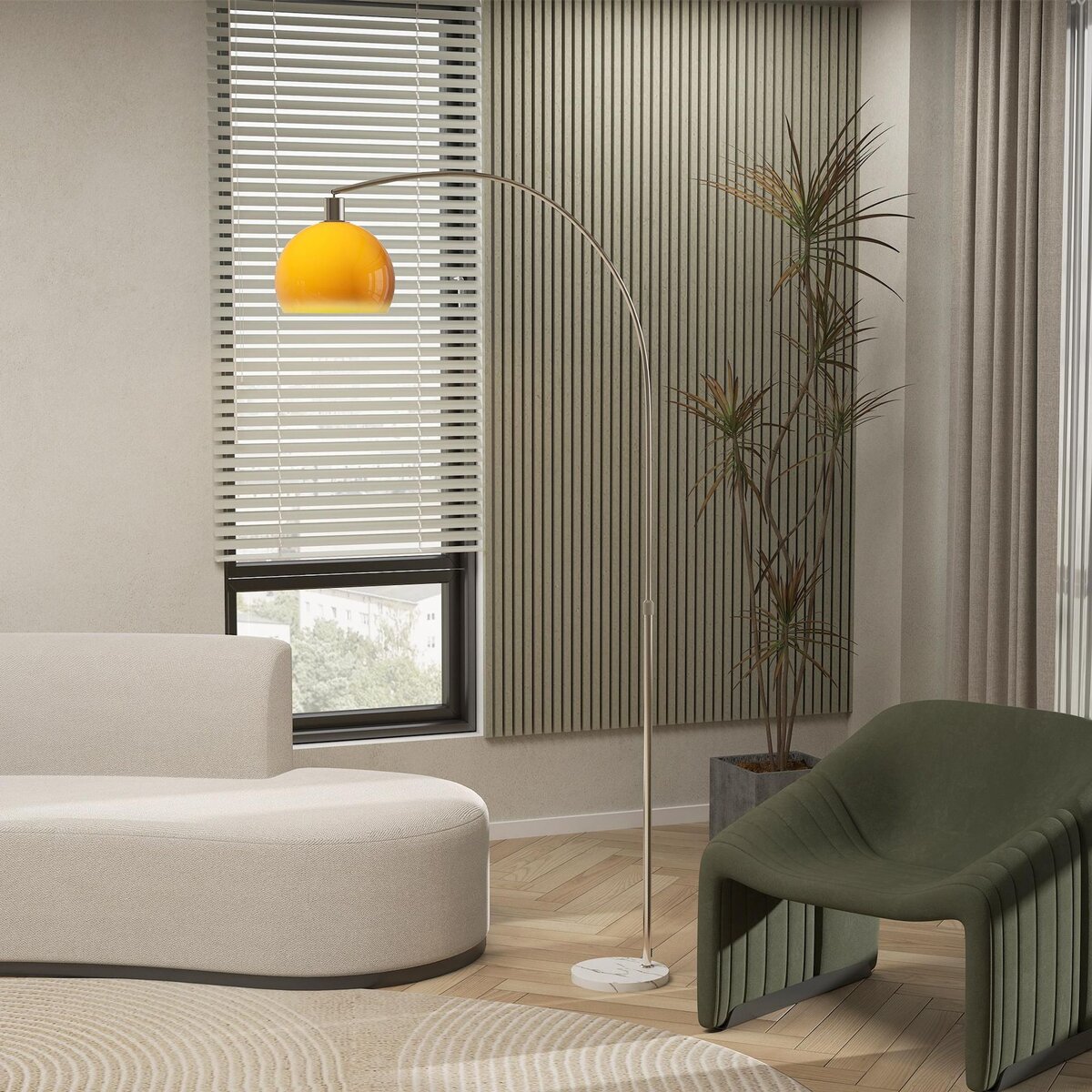 HOMCOM Lampadaire arc design néo-rétro H.180 cm piètement marbre blanc abat-jour plastique effet transparence orange