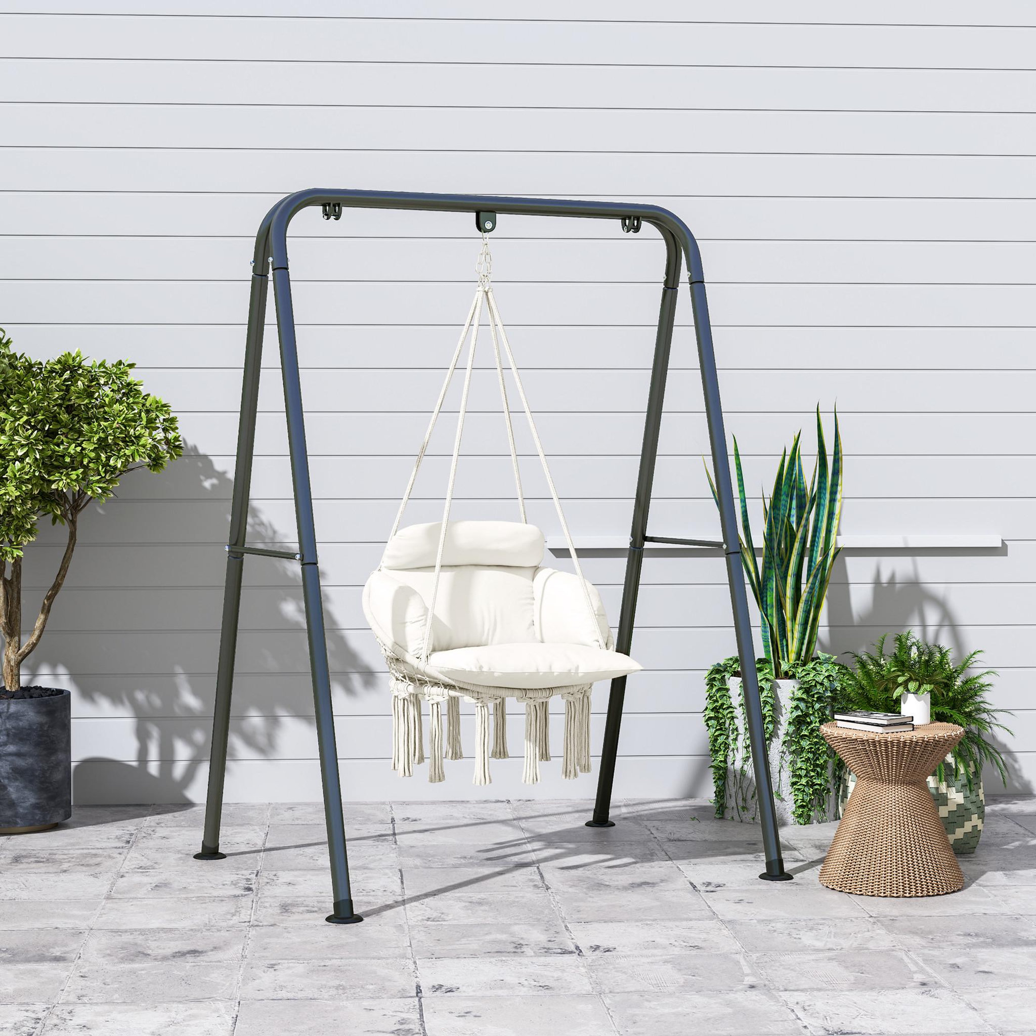 Voir la diapositive 4 : OUTSUNNY Chaise suspendue de jardin - grand coussin inclus - macramé coton polyester blanc cassé
