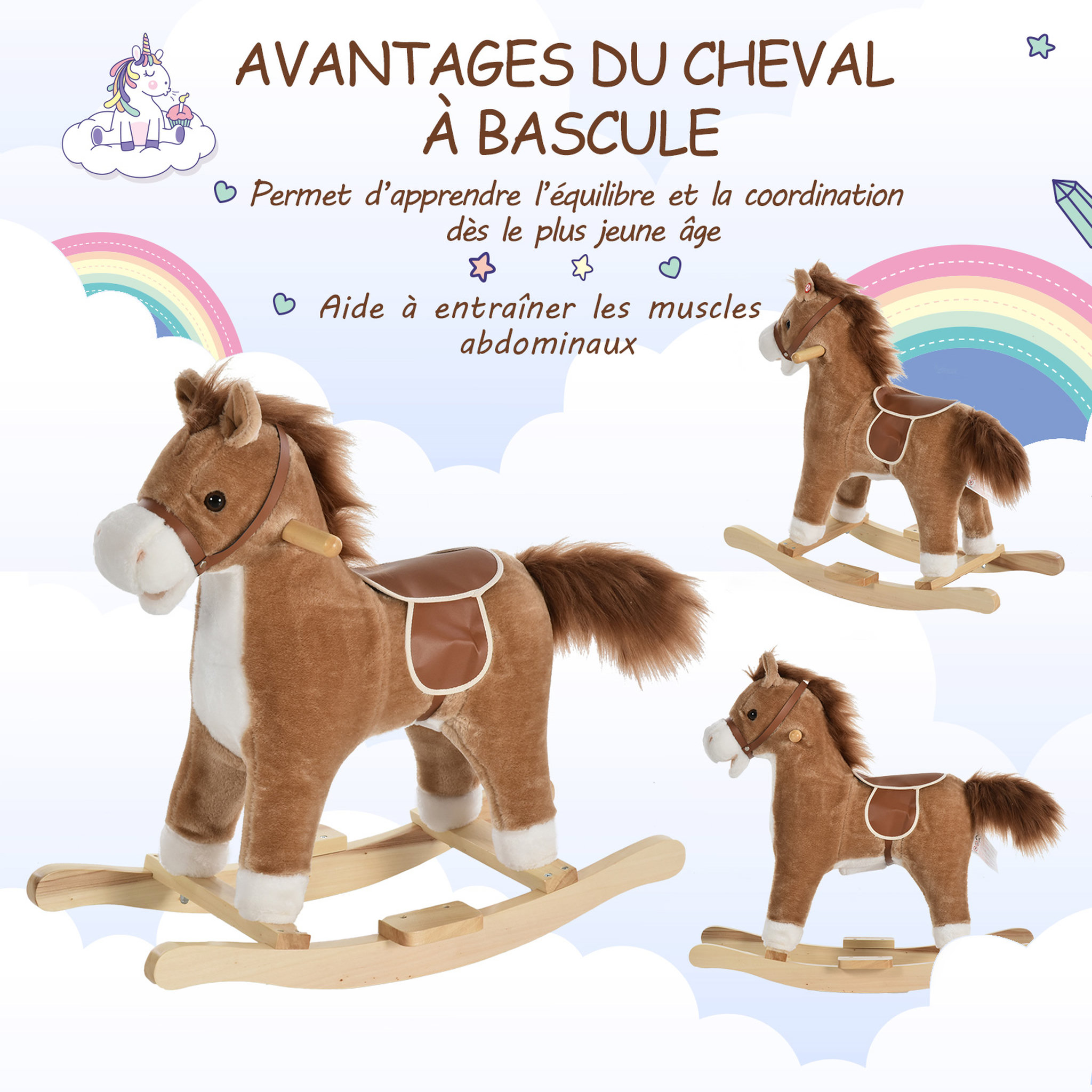 Voir la diapositive 6 : HOMCOM Cheval à bascule selle grand confort peluche courte douce bois peuplier brun dim. 65L x 32,5l x 61H cm