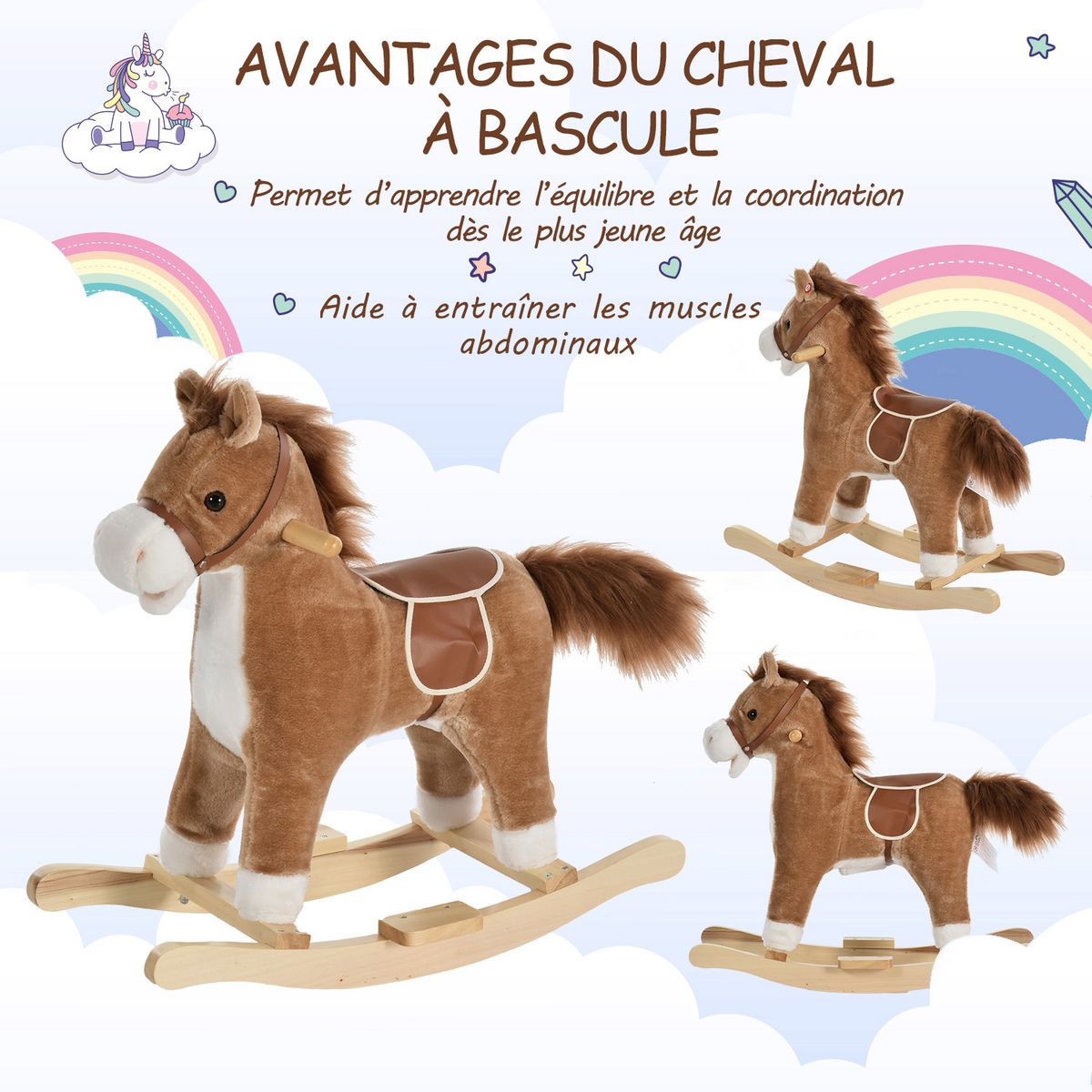 HOMCOM Cheval à bascule selle grand confort peluche courte douce bois peuplier brun dim. 65L x 32,5l x 61H cm