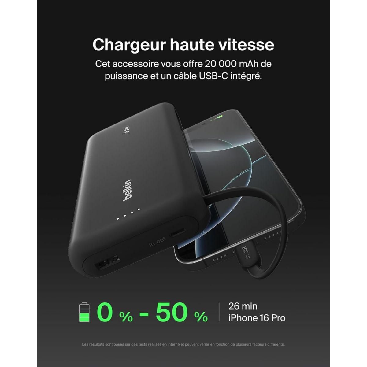 Belkin Batterie externe 20000 mAh avec cable USB-C intégre noir