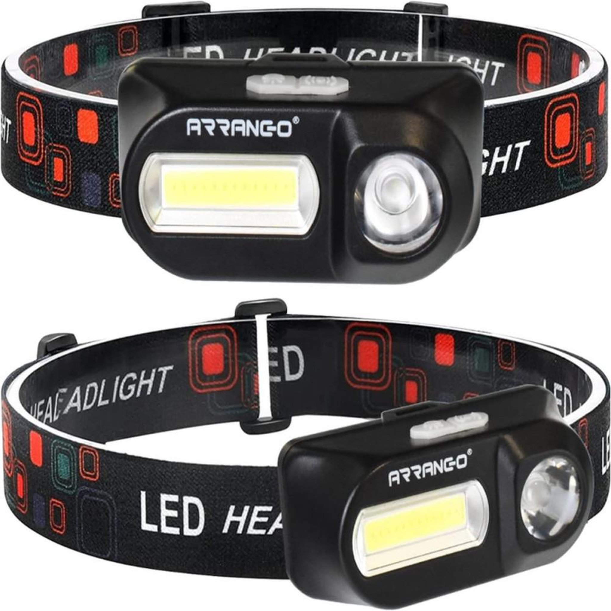 Lampe frontale LED rechargeable COB + XPE HCT STYLE, lot de 2, noire, 4 modes (faible, moyen, fort, stroboscope)