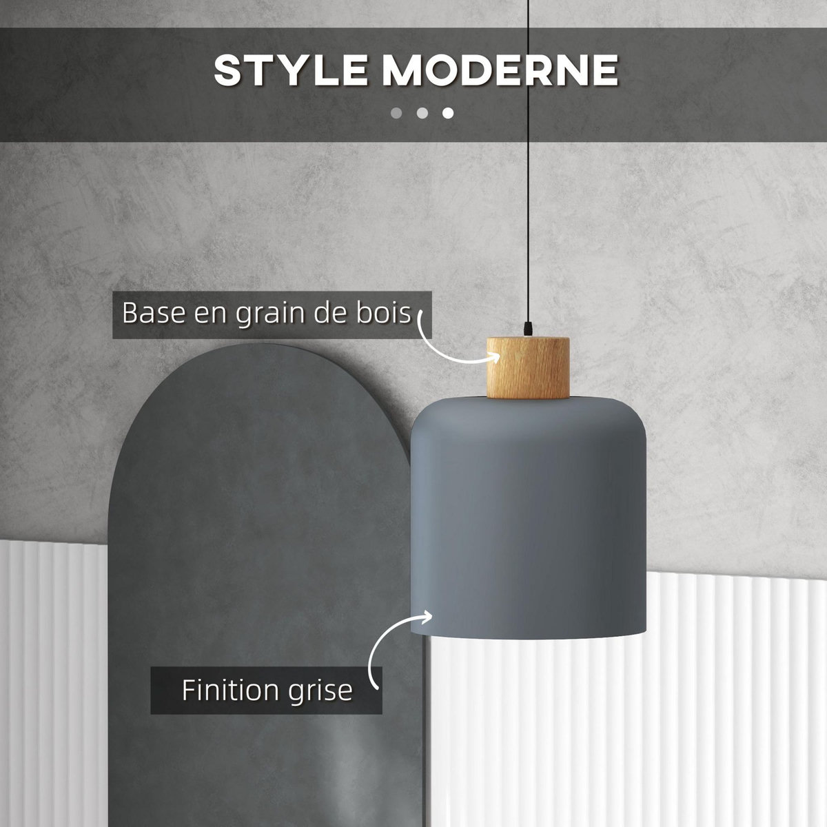 HOMCOM Lustre suspension design scandinave hauteur ajustable Ø 28,5 cm douille E27 gris aspect bois