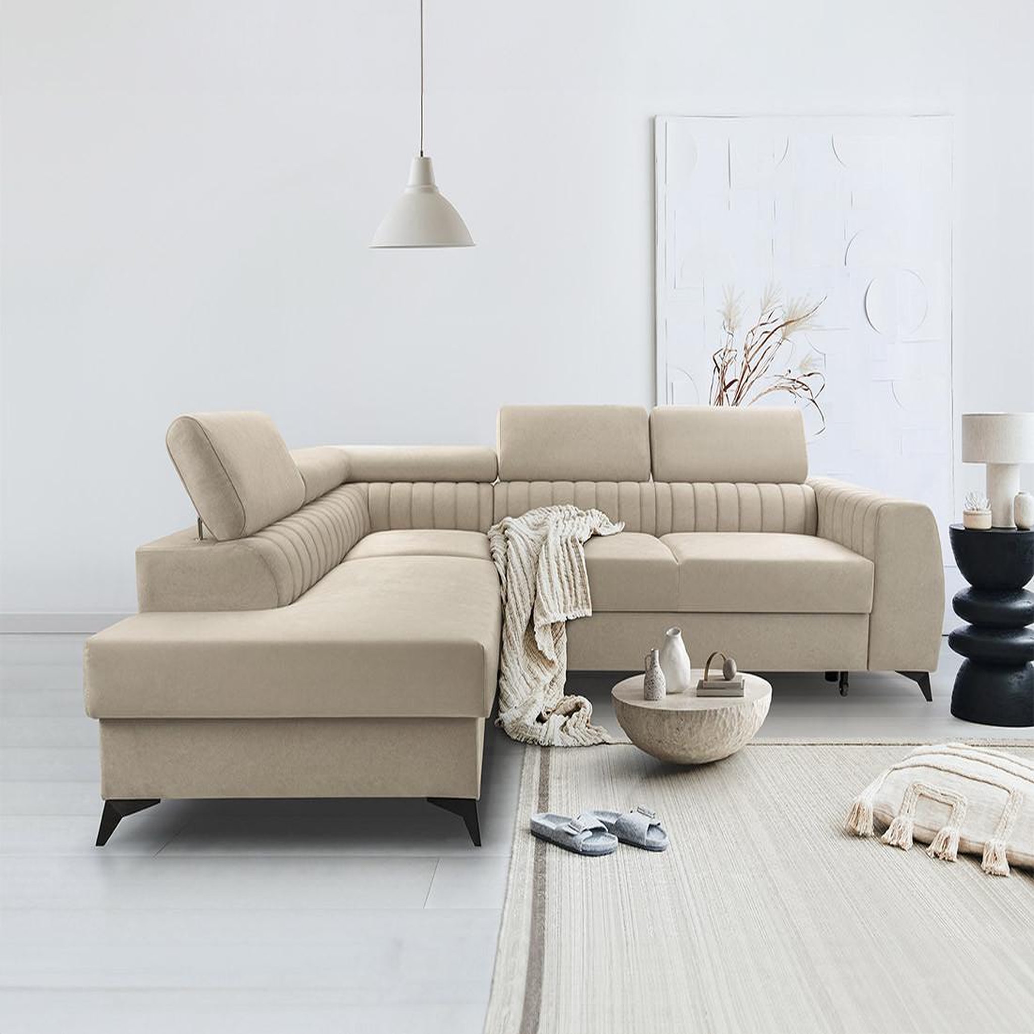 BEST MOBILIER Aneta - canapé d'angle gauche 5 places - convertible avec coffre et têtières - en velours. Coloris disponibles : Marron, Noir