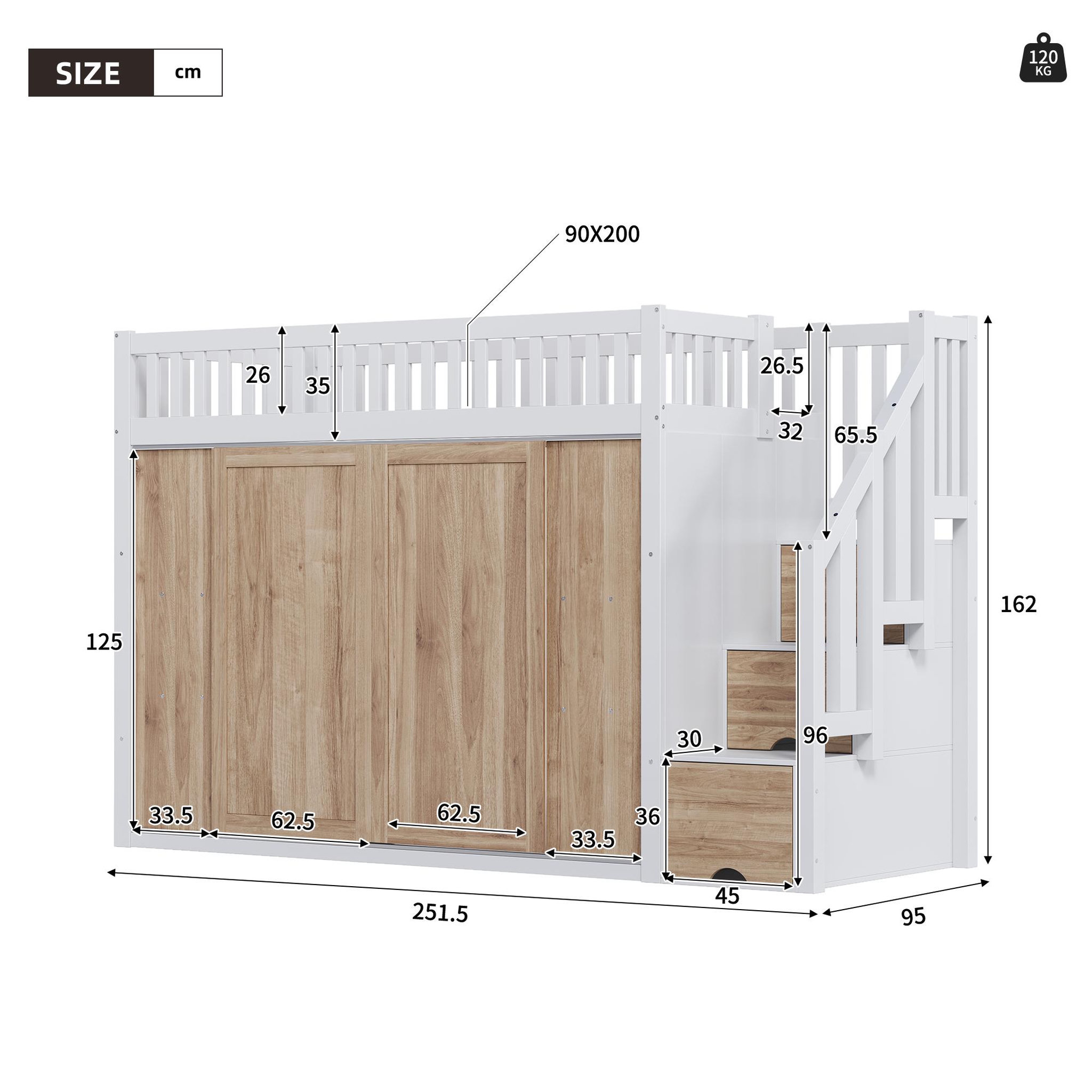 Voir la diapositive 3 : MERAX Lit combiné enfant 90x200 cm coloris blanc+naturel bois massif