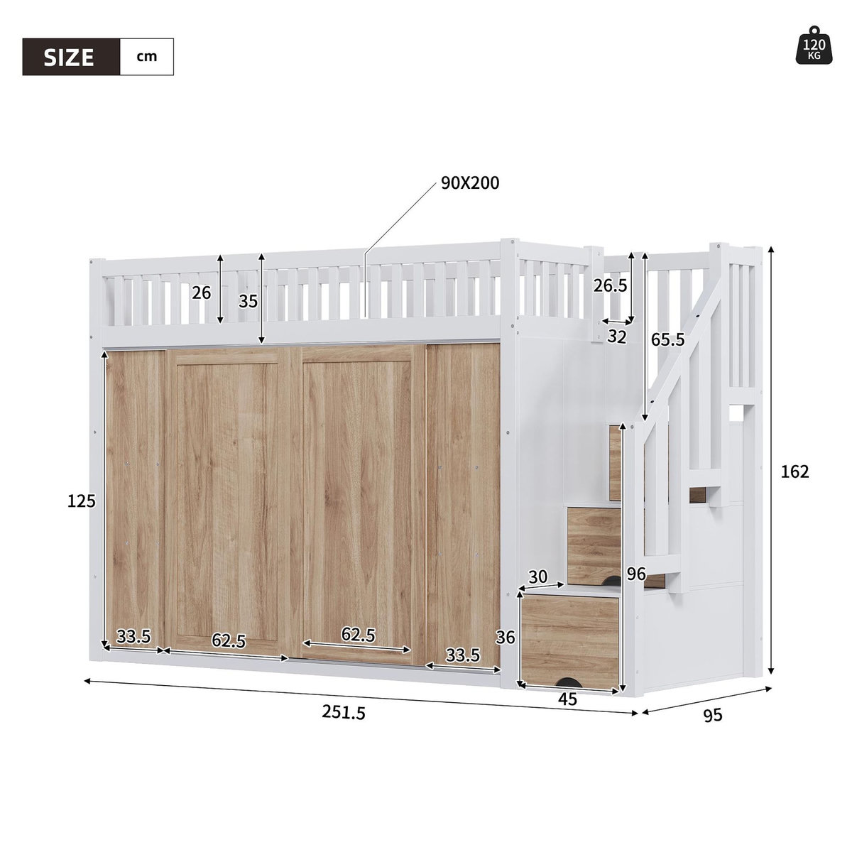 MERAX Lit combiné enfant 90x200 cm coloris blanc+naturel bois massif