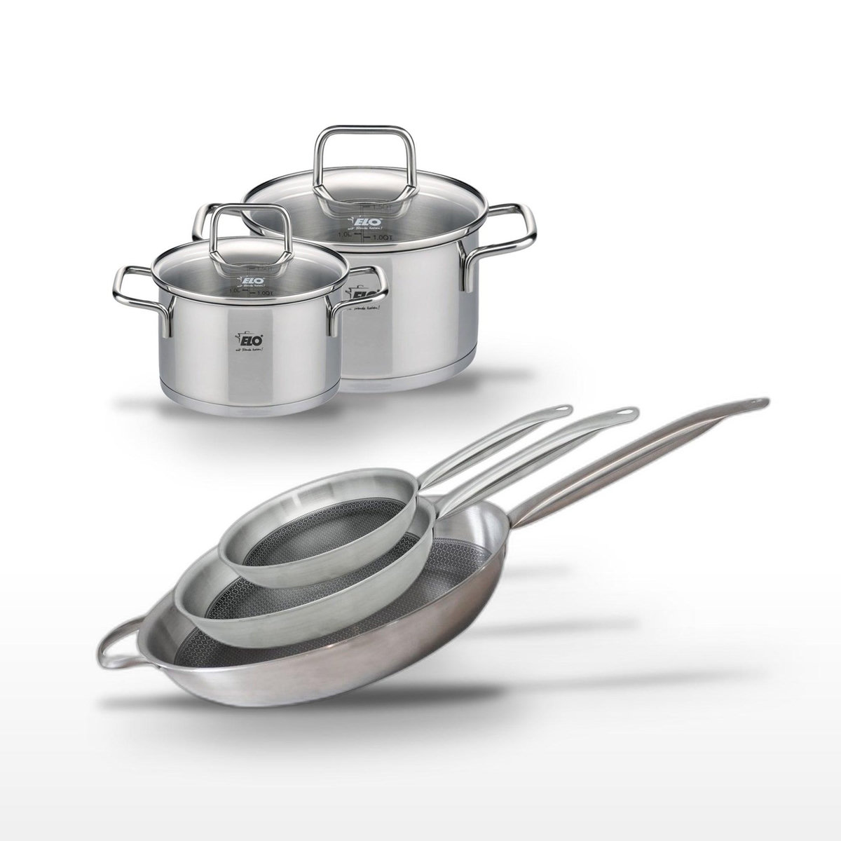 ELO Lot 3 Poêles 24/28/32cm et 2 Faitouts 16/20cm Elo Relief Solution
