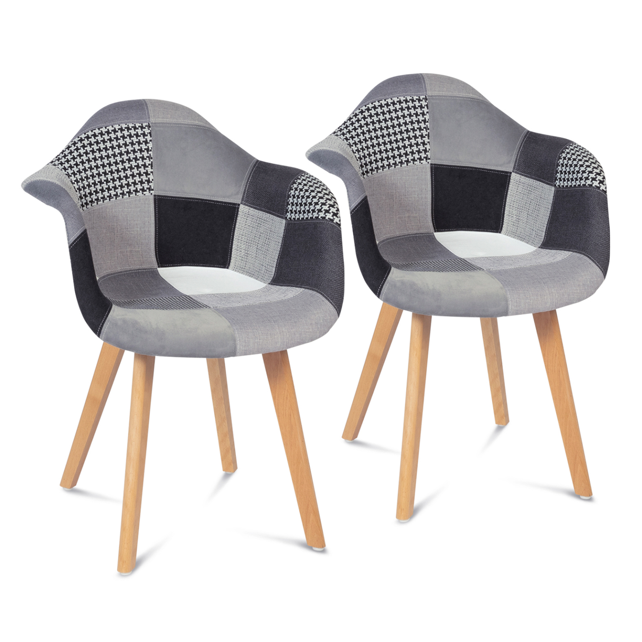 ID MARKET Lot de 2 chaises de salle à manger scandinaves, fauteuils de table sara motifs patchworks noirs, gris et blancs