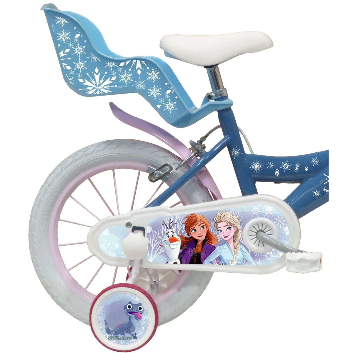 Disney La Reine des Neiges Vélo enfant 14'' - Modèle Reine des neiges  pour enfant de taille 95 à 110 cm  avec stabilisateurs - Panier avant - Porte poupée arrière - 2 freins & pneus gonflables