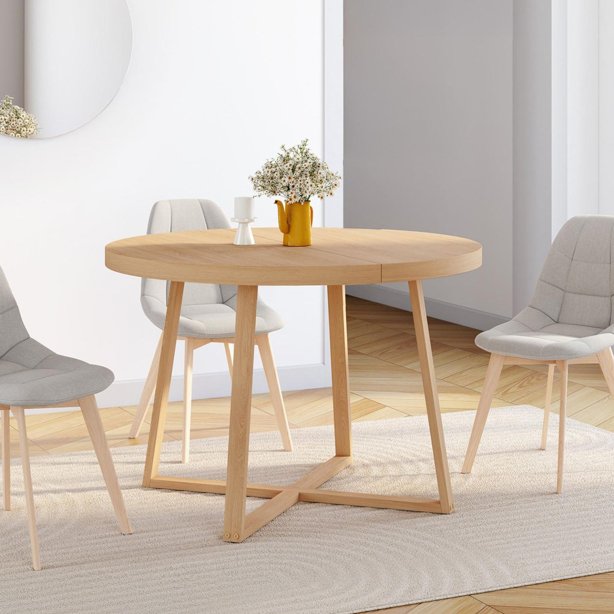 ID MARKET Table à manger extensible ronde SELMA 4-8 personnes bois effet hêtre 110-150 cm